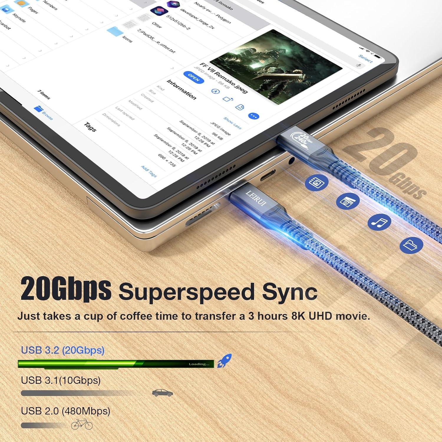 Cable USB C a USB C 240W LEIRUI 0.5m Carga Rápida 20Gbps