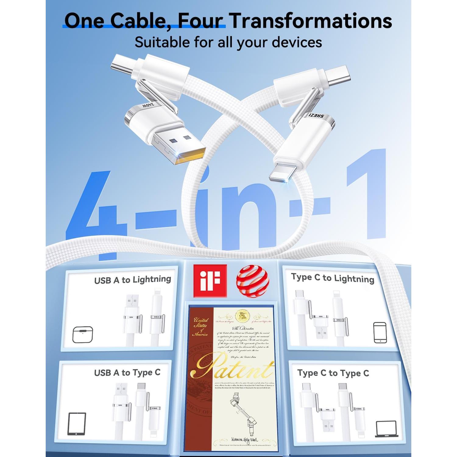 Cable USB C 4-en-1 SHEZI 240W Carga Rápida 1.5m Blanco