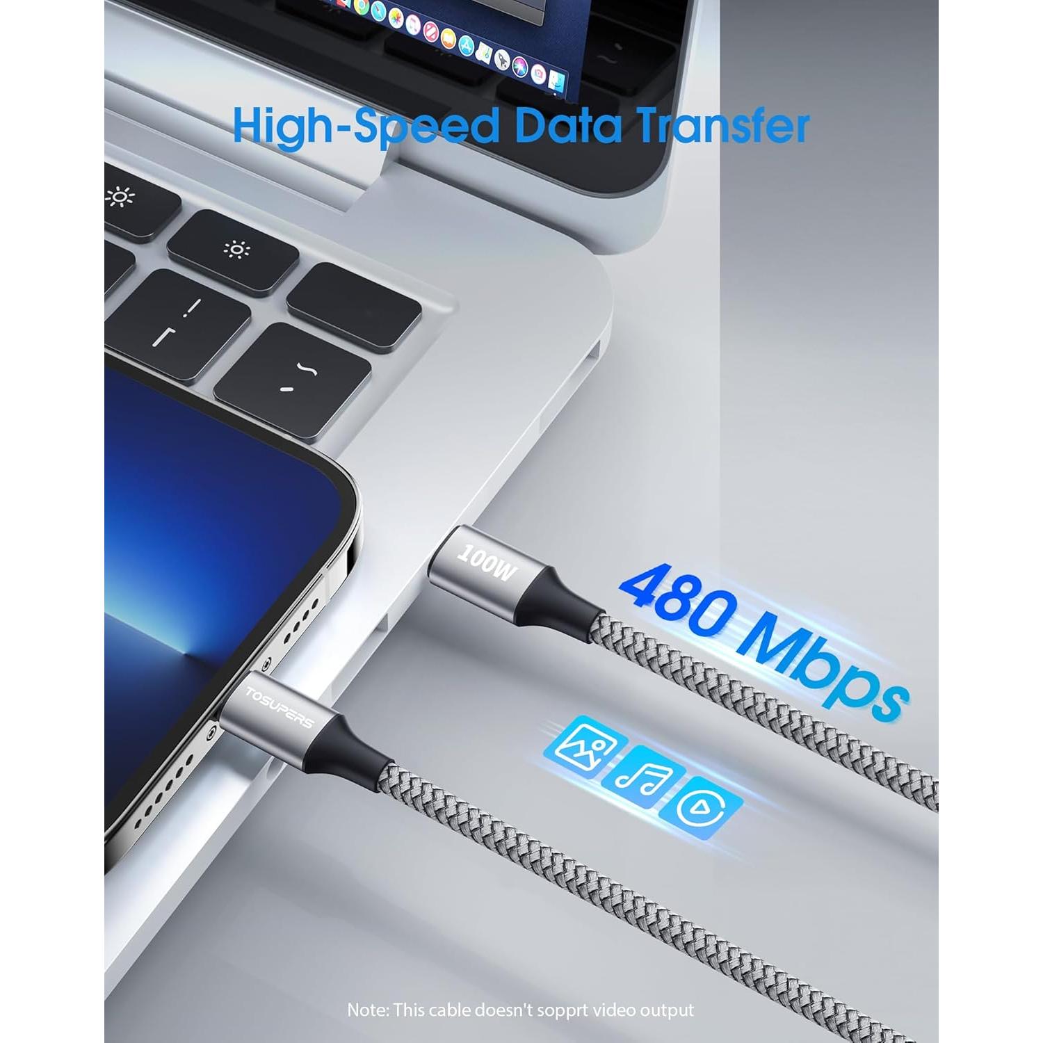 Cable USB-C a USB-C 100W TOSUPERS 1.83m Trenzado Nylon