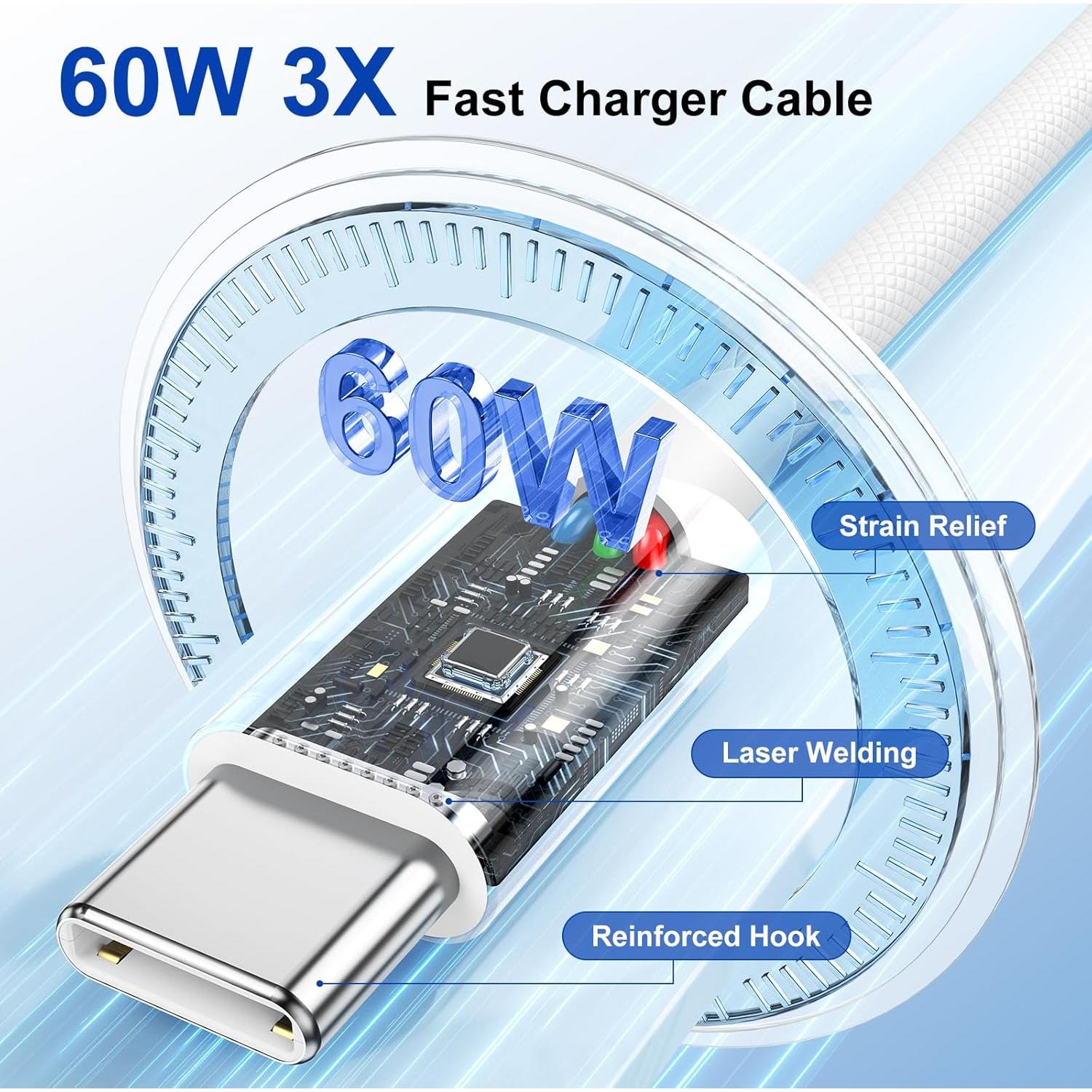 Cable USB C a USB C 6 pies 60W 3-Pack Susnwere