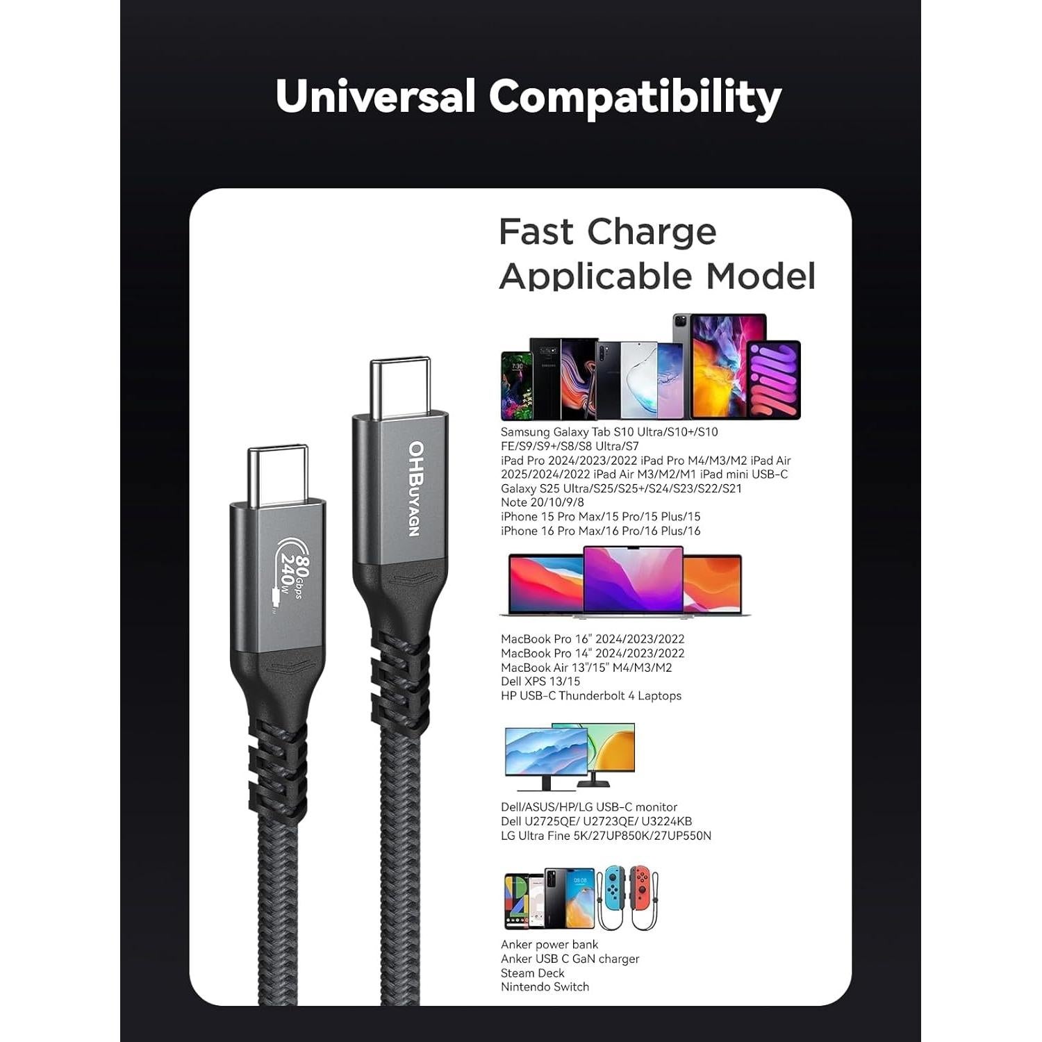 Cable USB 4 Thunderbolt 4 1m 80Gbps Carga Rápida 240W