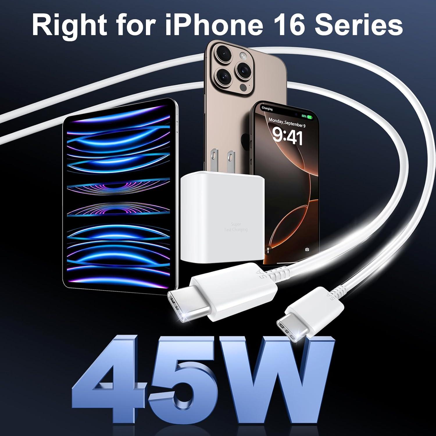 Cargador Rápido USB C 45W para iPhone 16 Pro Max - 10 pies