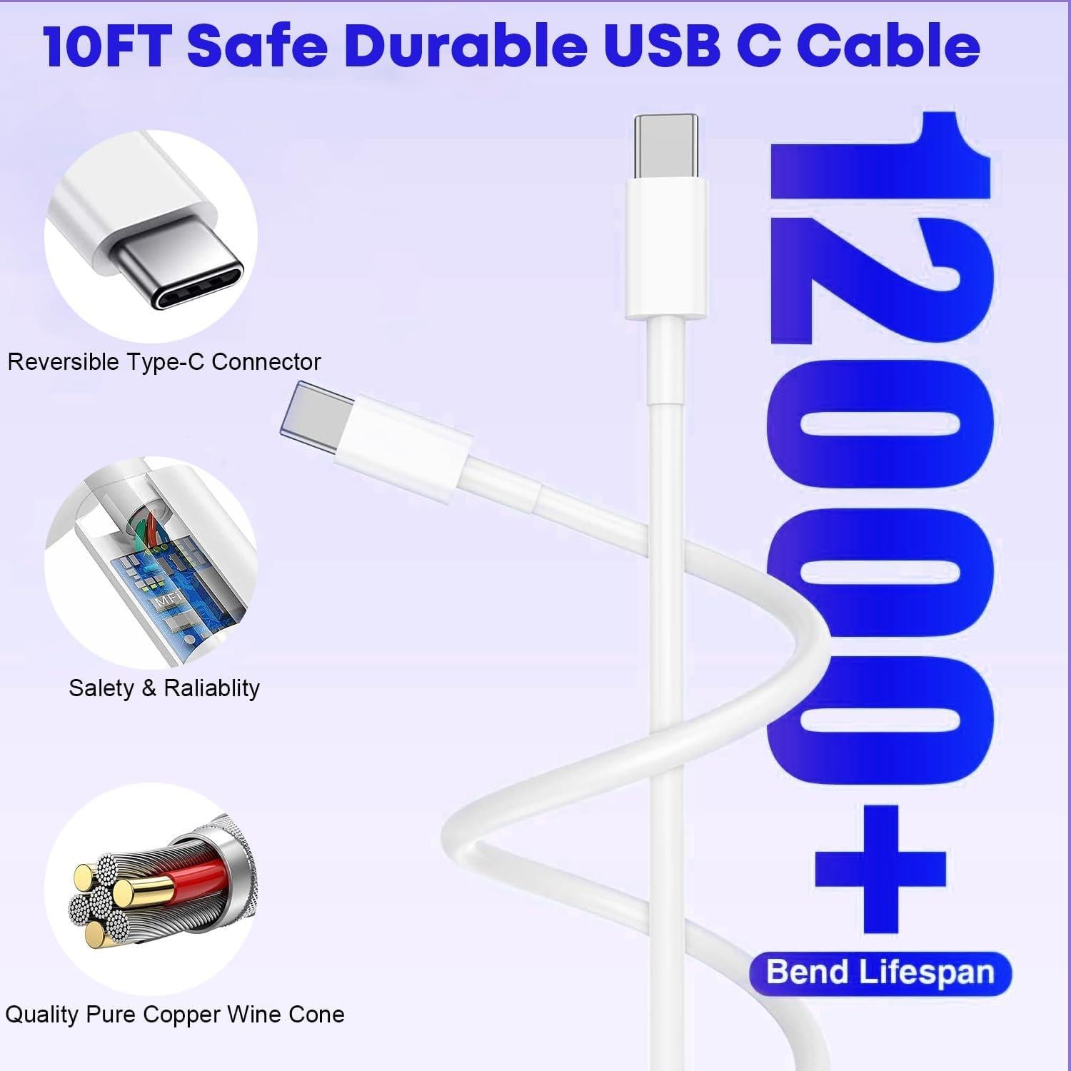 Cargador Rápido USB-C 20W + Cable 10FT para iPhone 16/15