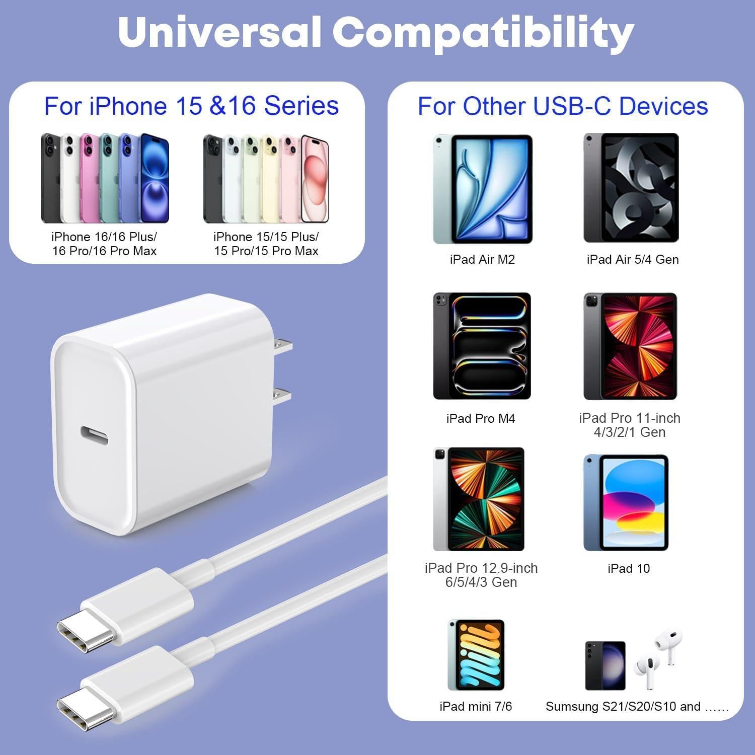 Cargador Rápido USB-C 20W + Cable 10FT para iPhone 16/15