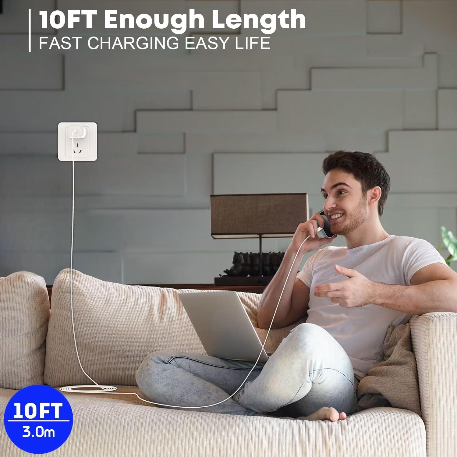 Cargador Rápido USB-C 20W + Cable 10FT para iPhone 16/15