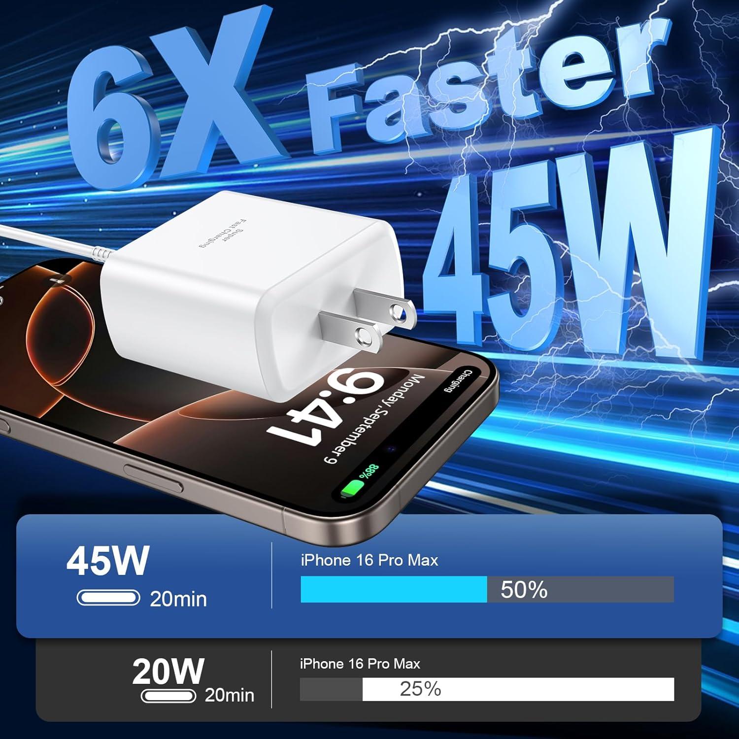 Cargador Rápido 45W para iPhone 16 Pro Max + Cable 10FT