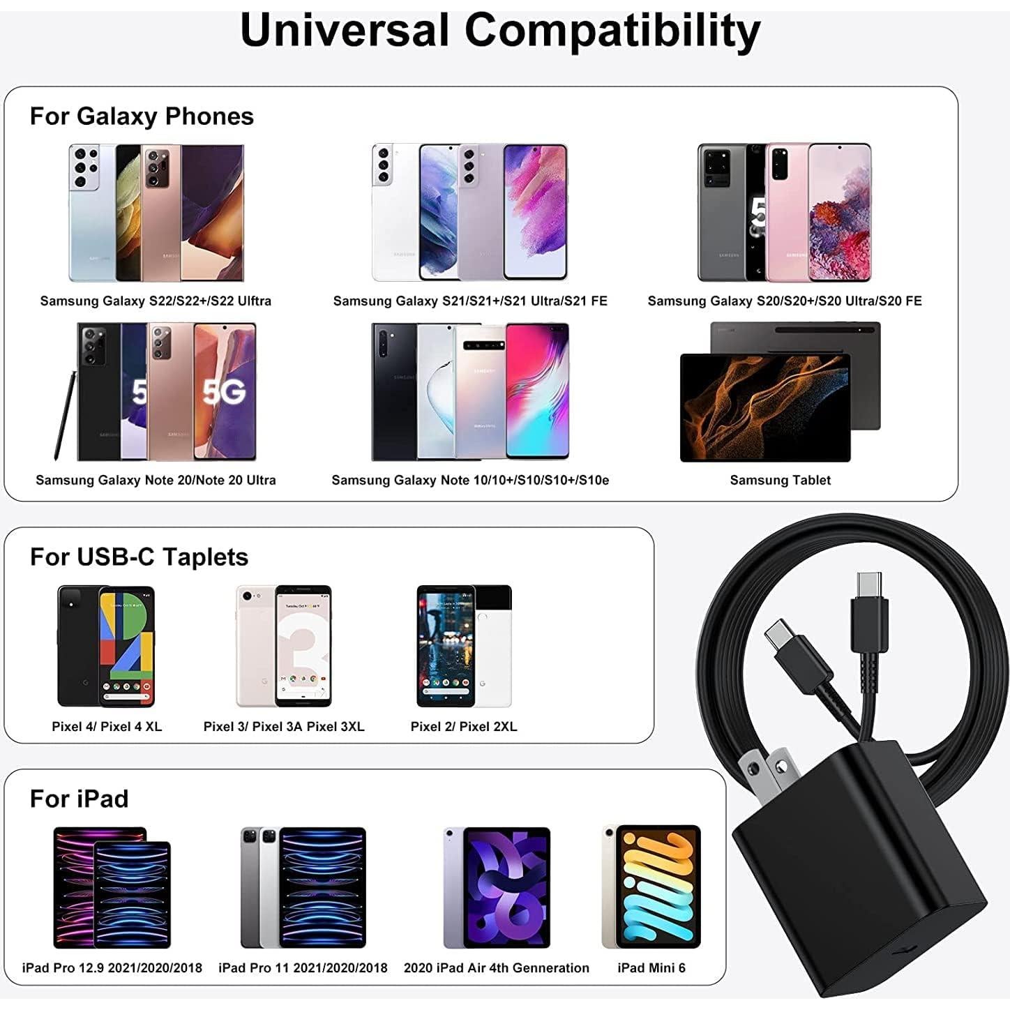 Cargador Rápido 45W Tipo C + 2 Cables 3m para Samsung