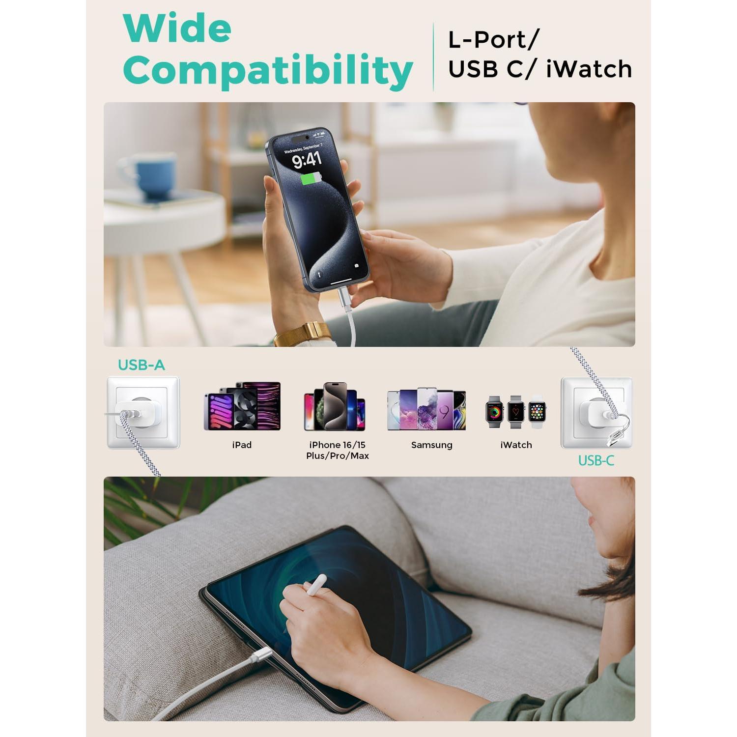 Cable USB C 3 en 2 Amasuki 1.22m Carga Rápida Reloj y Teléfono