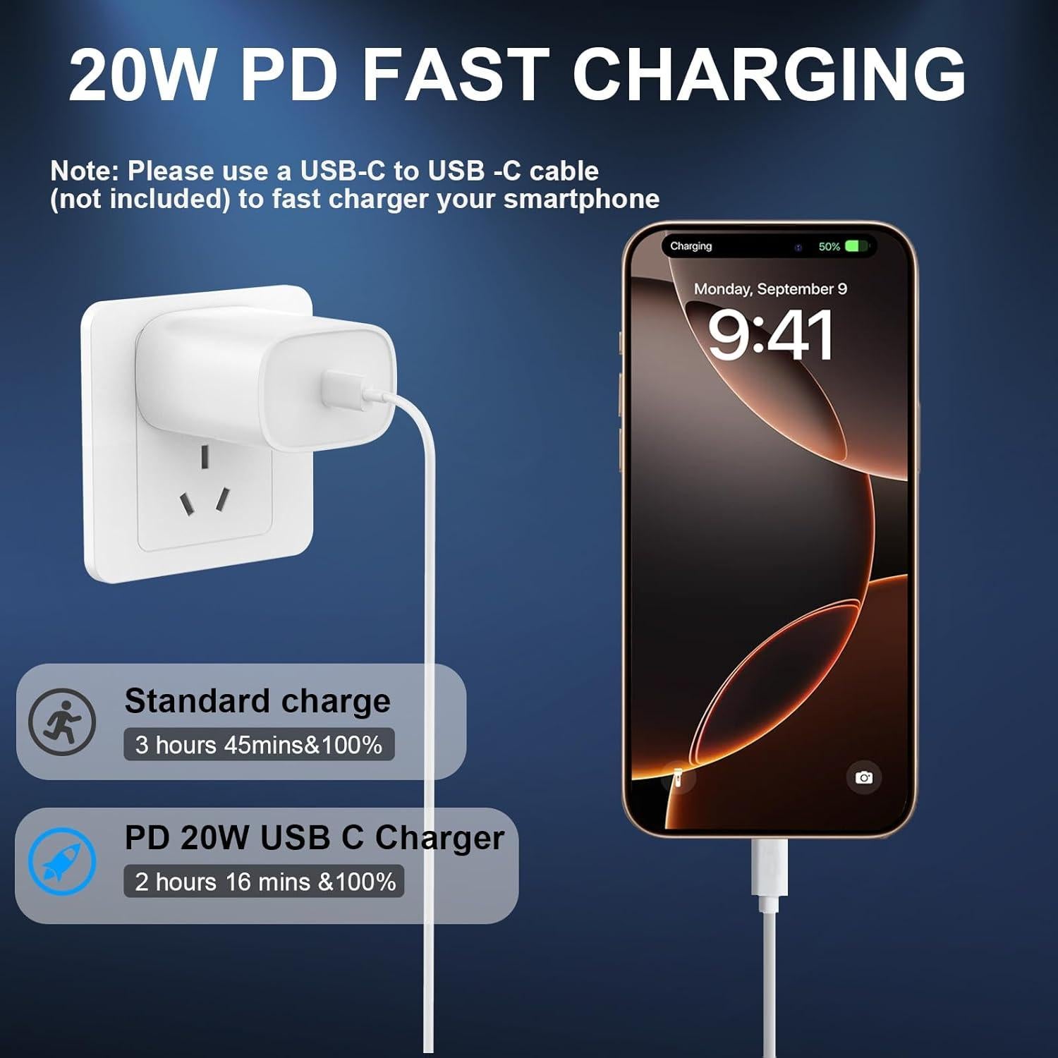 Cargador Rápido USB C 20W para iPhone 16 15 Pro Max 10FT