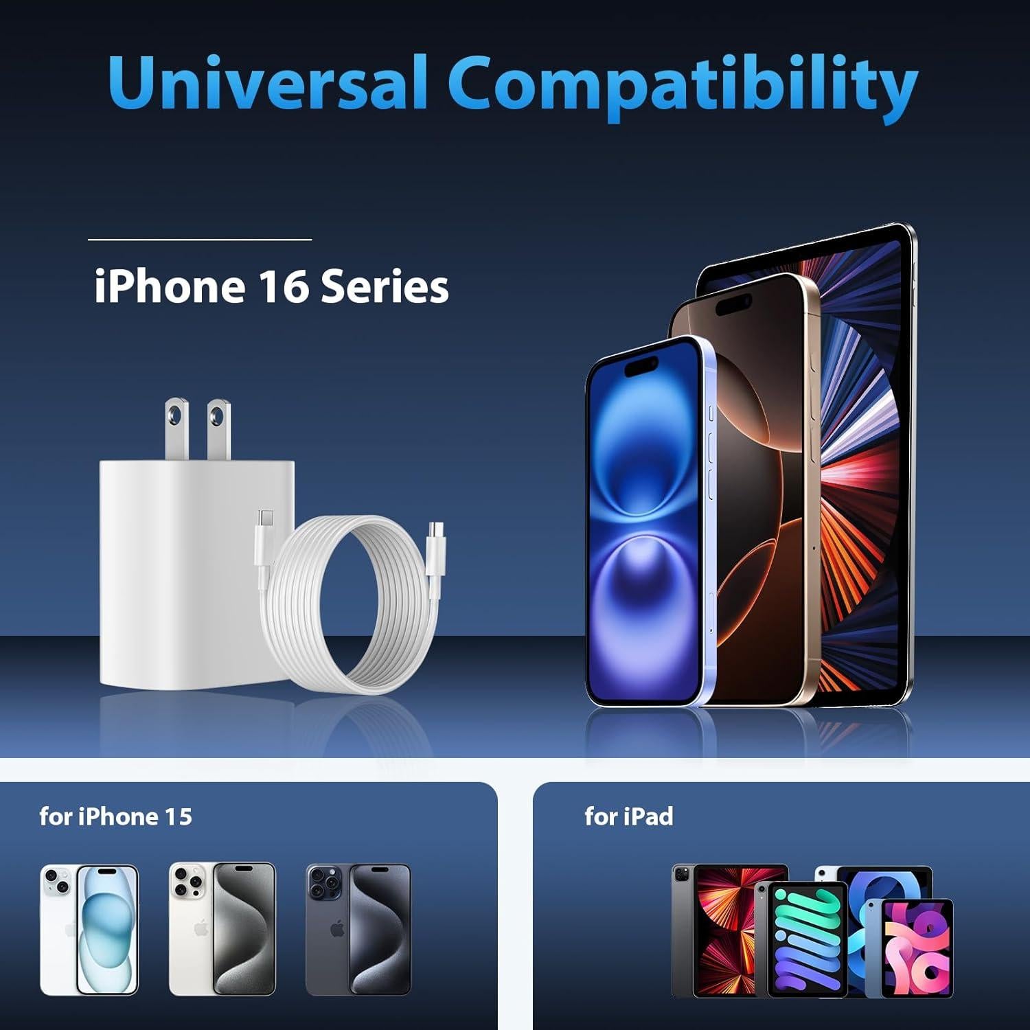 Cargador Rápido USB C 20W para iPhone 16 15 Pro Max 10FT