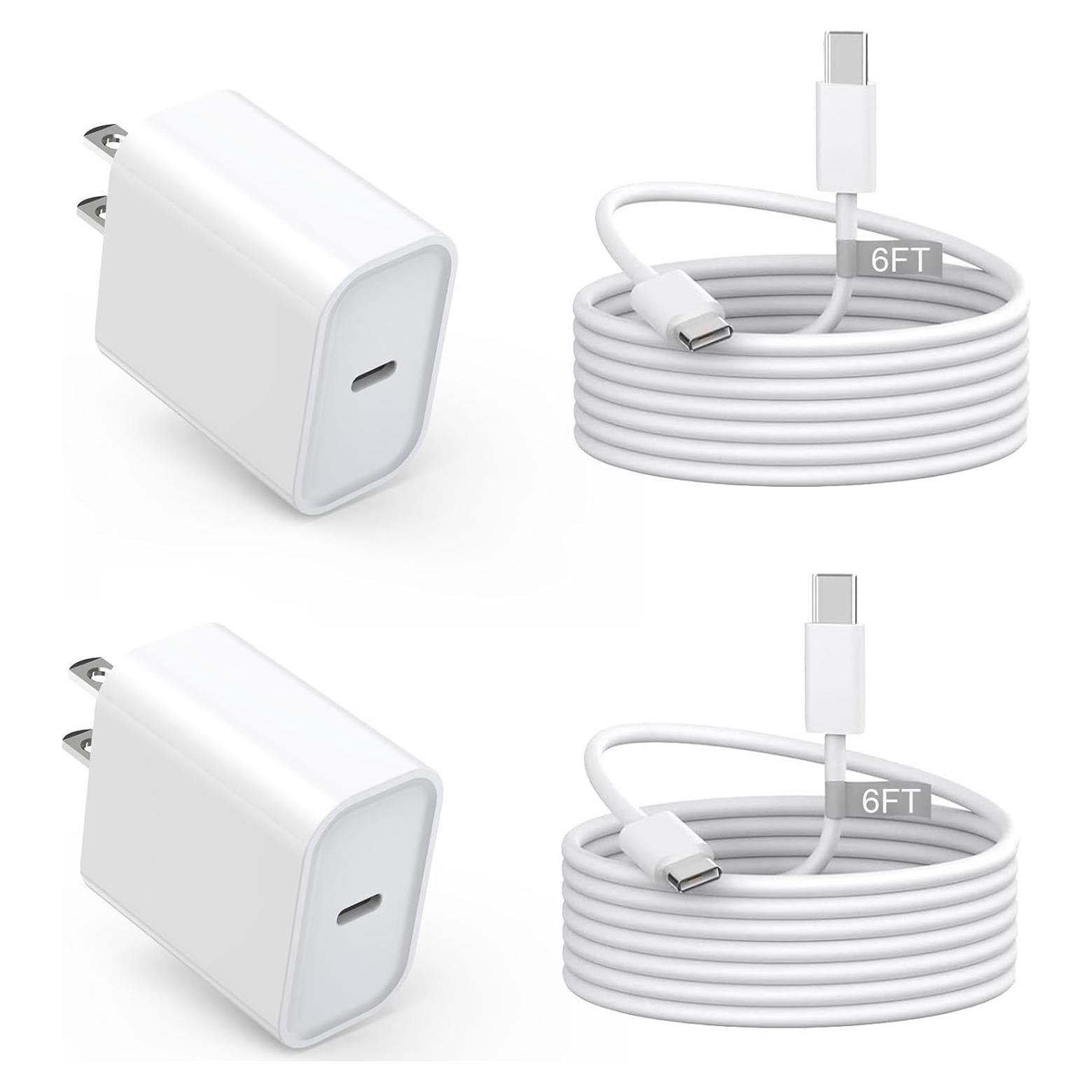 Cargador Rápido USB C 20W Apple para iPhone 16/15 + 2 Cables 6FT
