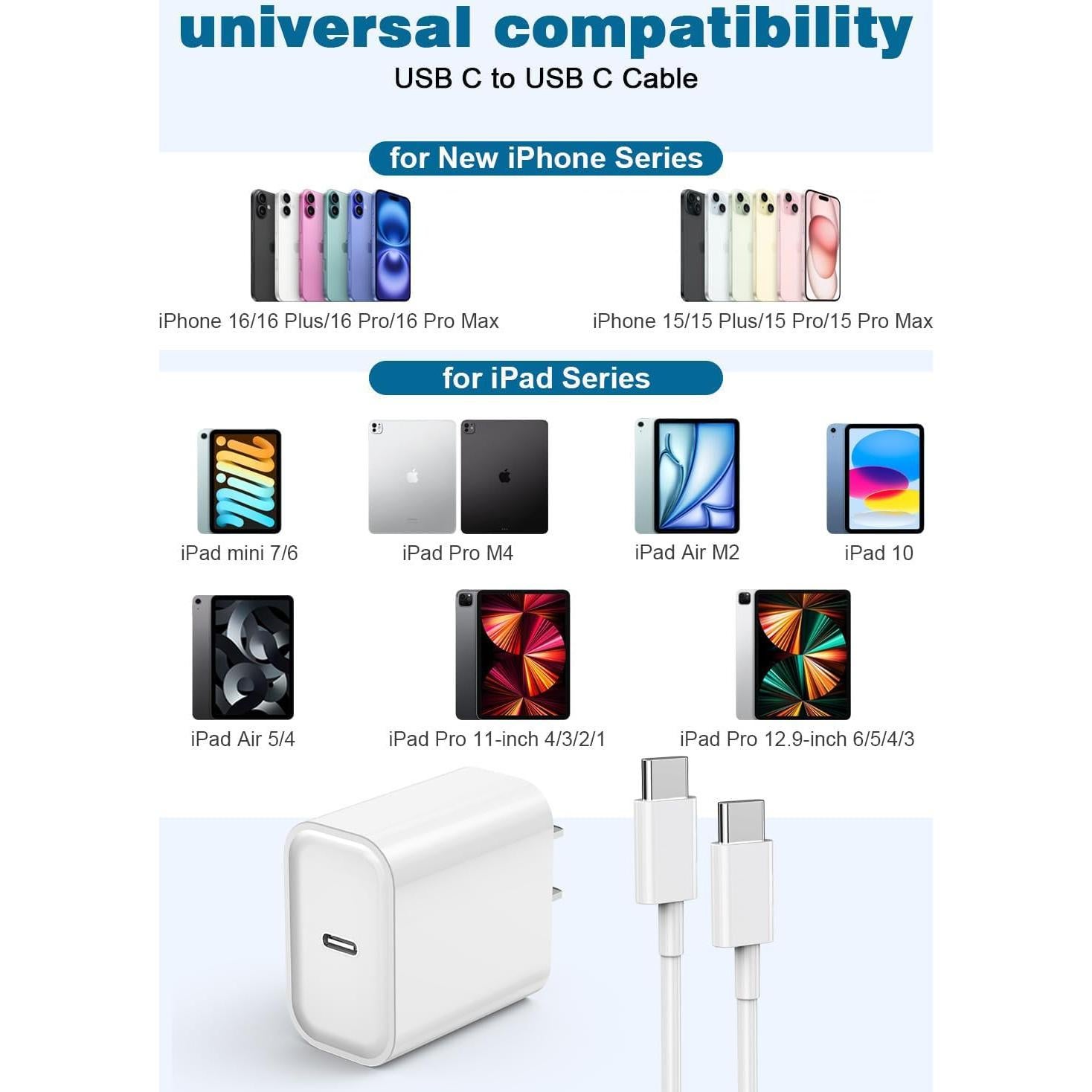 Cargador Rápido USB C 20W Apple para iPhone 16/15 + 2 Cables 6FT