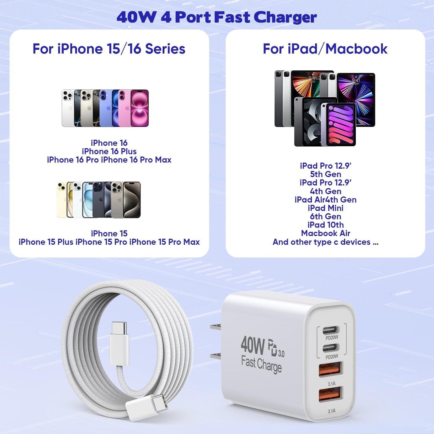 Cargador Rápido 40W 4 Puertos USB-C y A + 2 Cables 10 pies