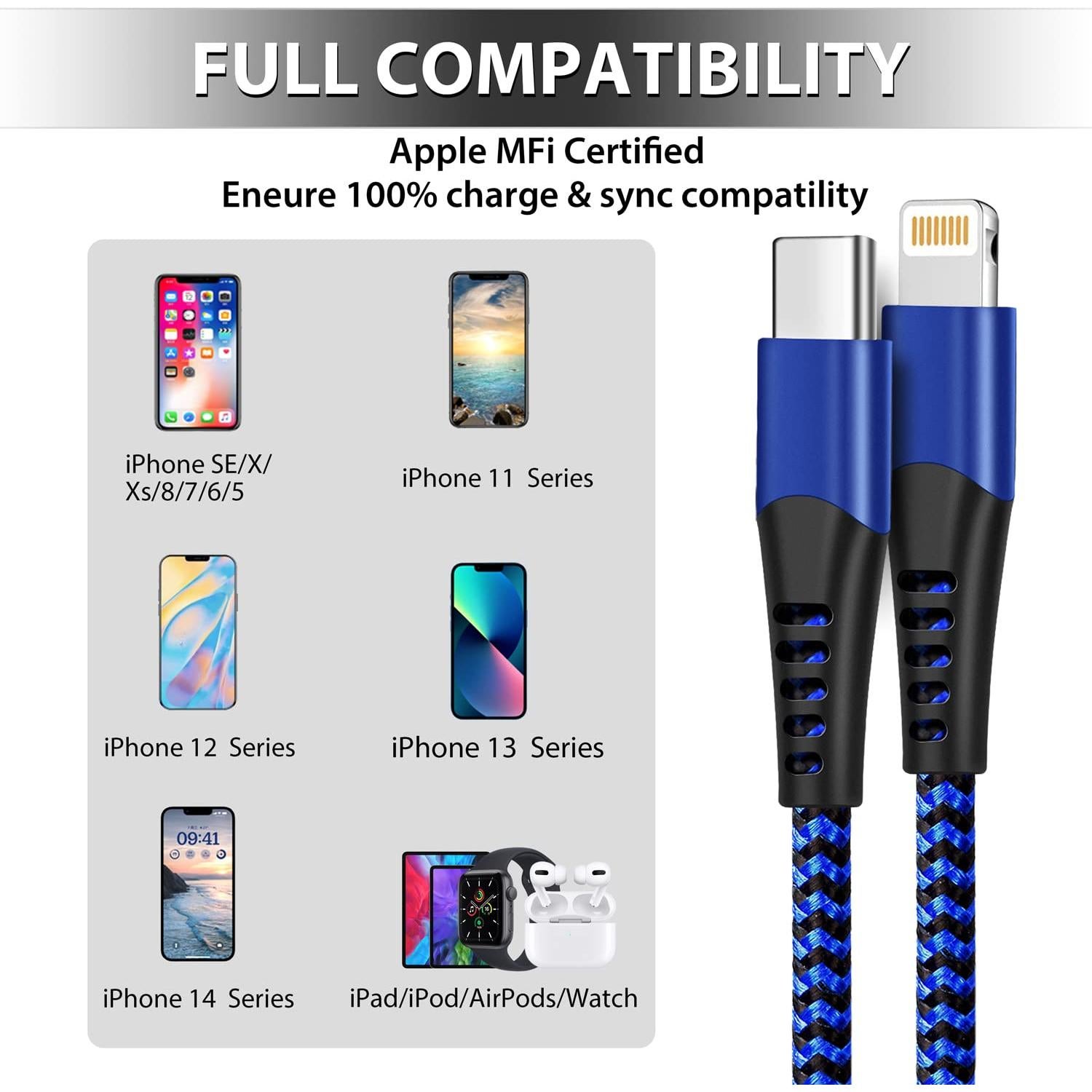 Cable USB C a Lightning 3 Pack 1.83m Cargador MFi iPhone