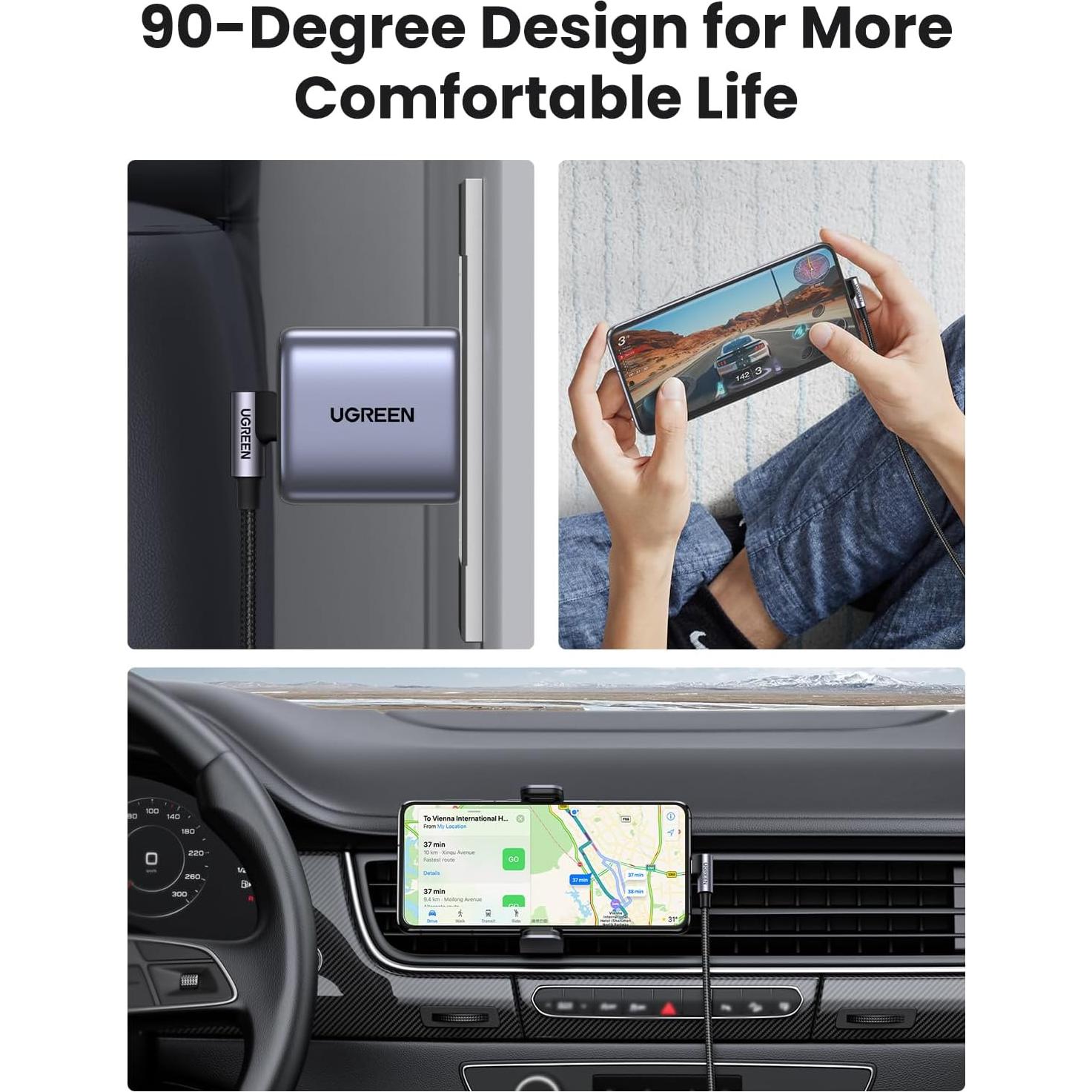 Cable USB C UGREEN 3M 60W Ángulo Recto para iPhone y MacBook