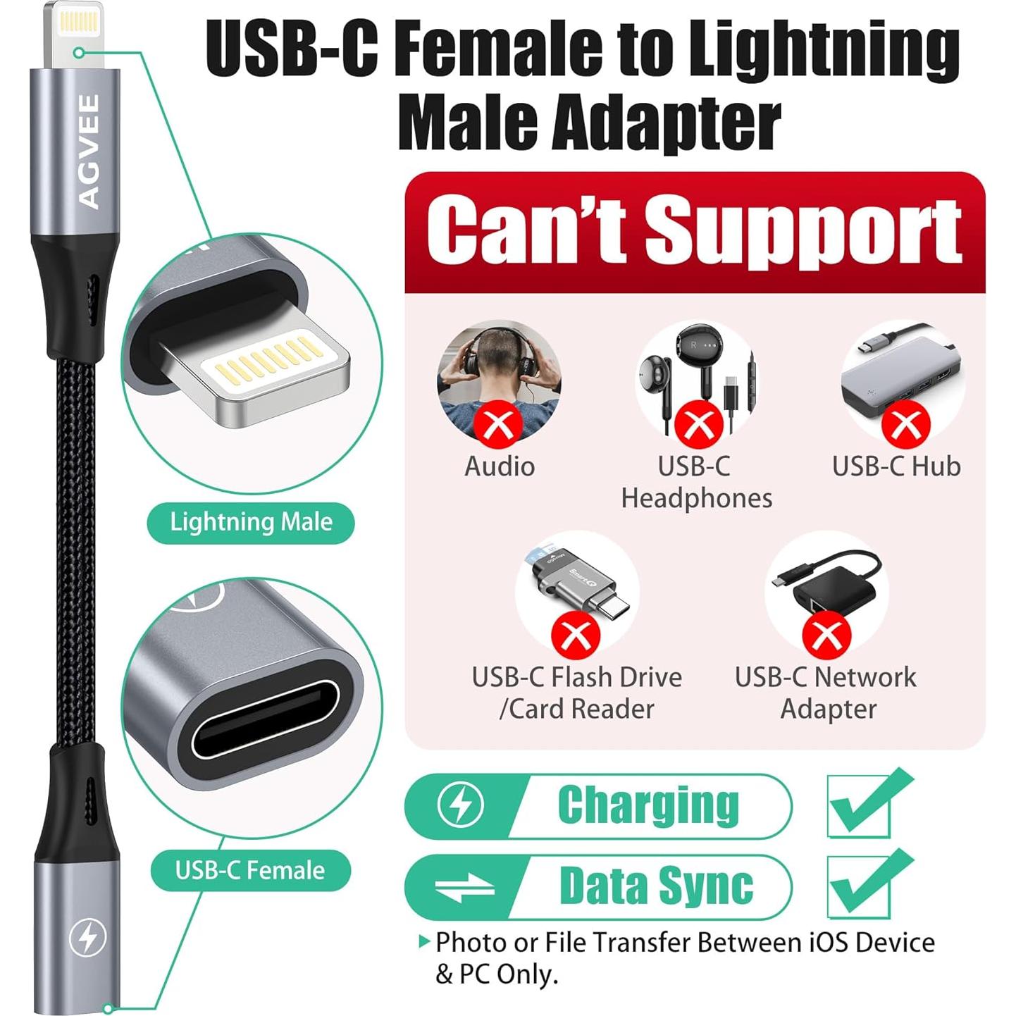 Adaptador USB-C a Lightning AGVEE 30W 10cm Gris Oscuro