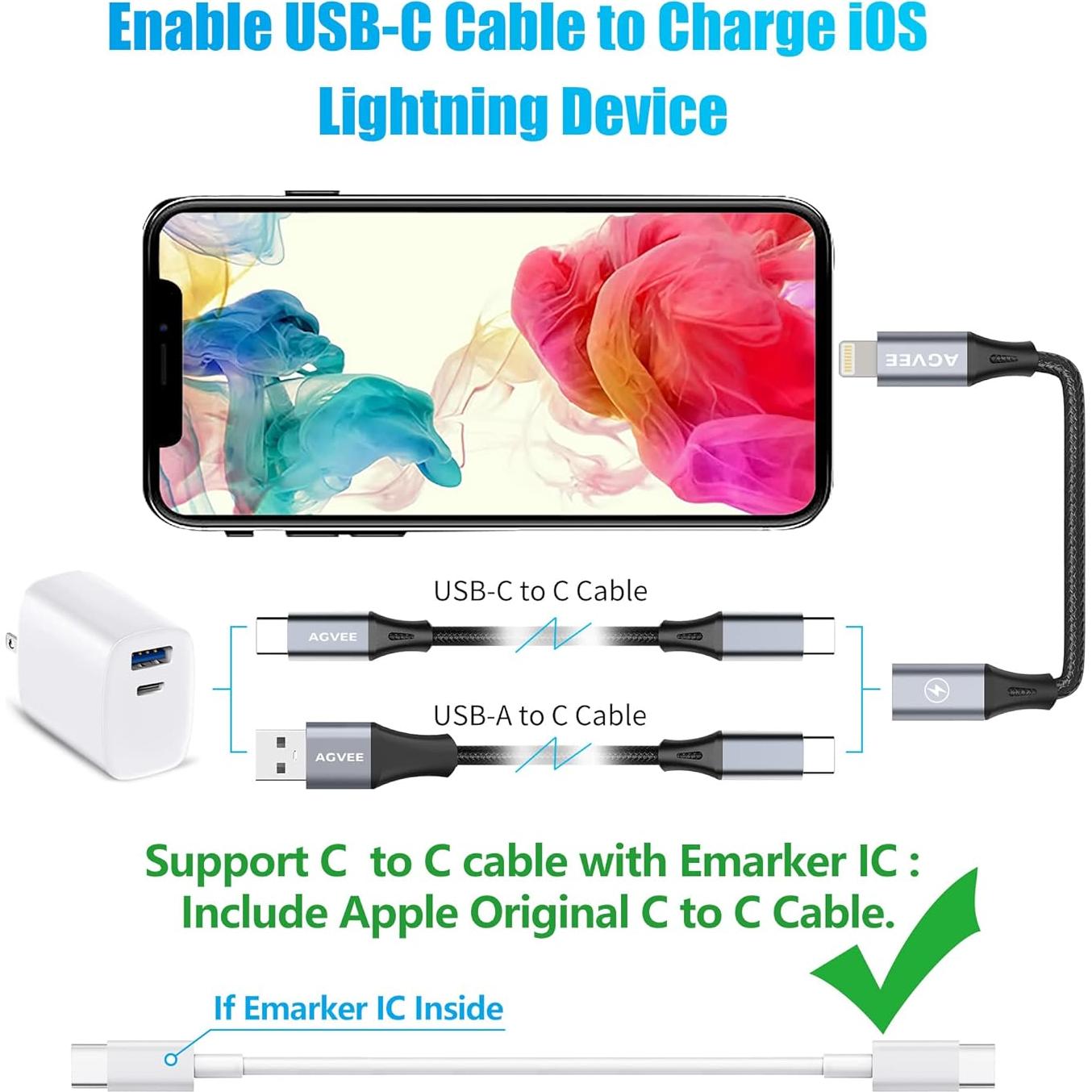 Adaptador USB-C a Lightning AGVEE 30W 10cm Gris Oscuro