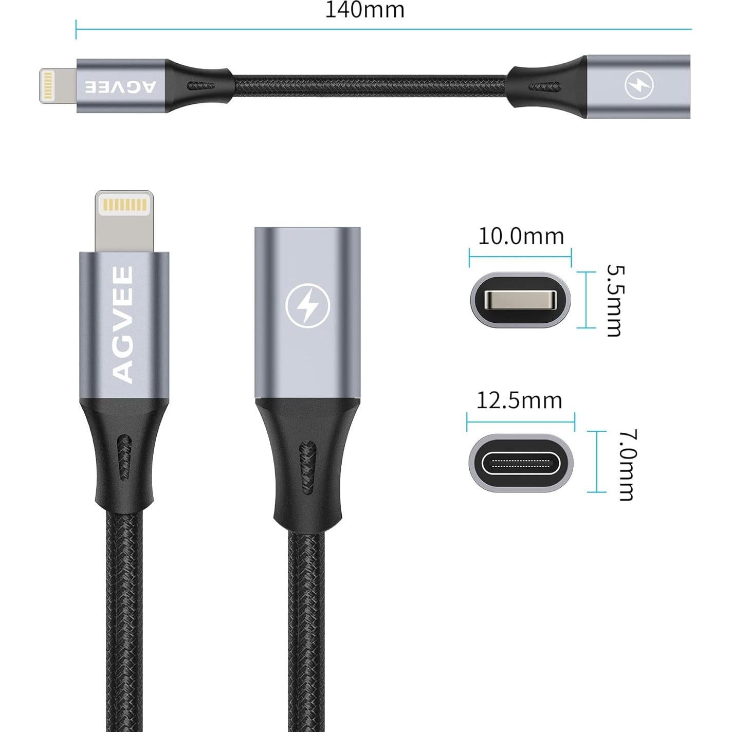 Adaptador USB-C a Lightning AGVEE 30W 10cm Gris Oscuro
