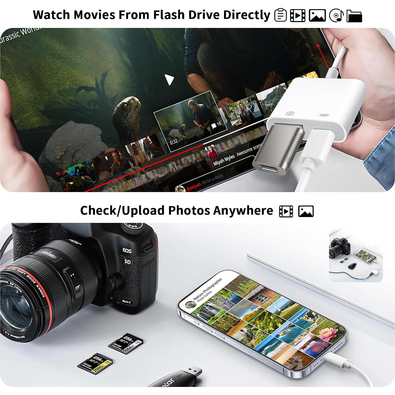 [Apple MFi Certified] Lightning to USB Camera Adapter for iPhone, iPad to USB 3.0 Female OTG Adapter with Charging Port, Plug and Play, Support Card Reader, USB Flash Drives, Keyboard