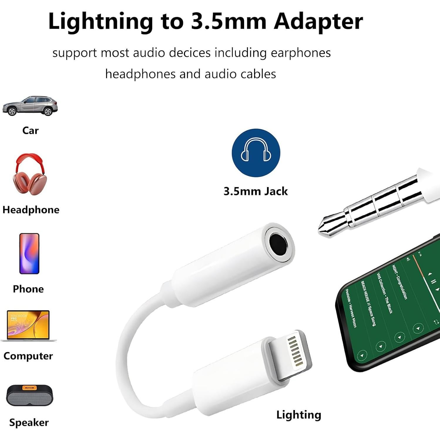[Apple MFi Certified] 2 Pack Lightning to 3.5mm Aux Audio Adapter, Headphone Jack Converter Dongle for iPhone 14/13/12/X/XR & iPad (Supports All iOS Systems)