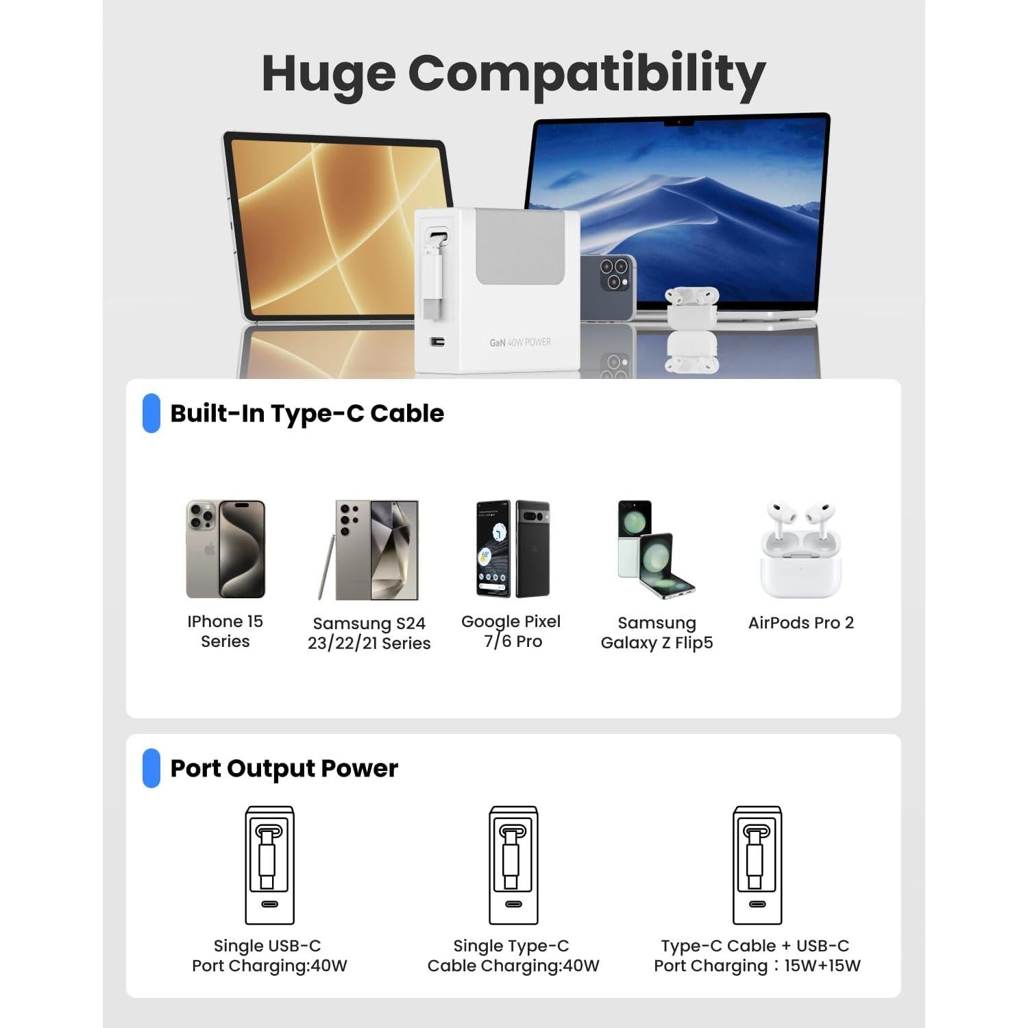 Cargador de Pared Gitryin 40W con Cable Tipo-C Retráctil 80cm