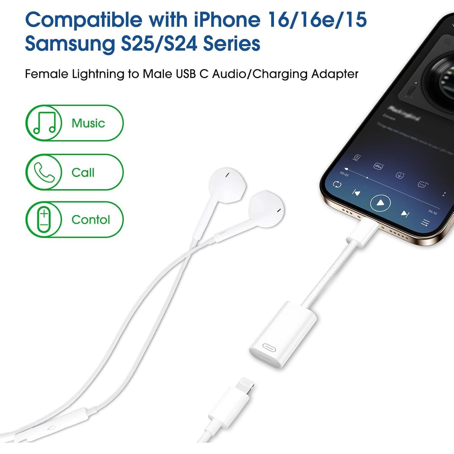 Adaptador Lightning a USB C TechMatte para iPhone 16/15 y Auriculares