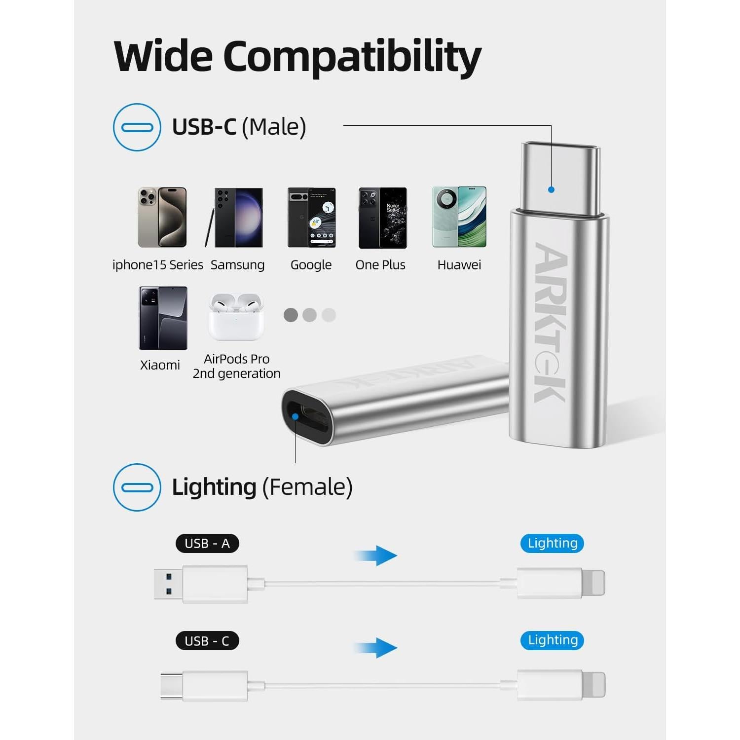 Adaptador USB-C ARKTEK Lightning a USB Tipo C - Carga Rápida
