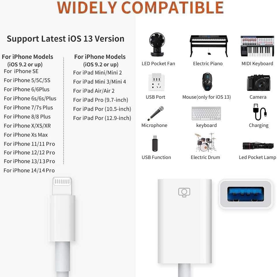 [Apple MFi Certified] Apple Lightning to USB Camera Adapter Lightning Female USB OTG Cable Adapter for Select iPhone, iPad Support Connect Camera, Card Reader, Flash Drive, MIDI Keyboard, White
