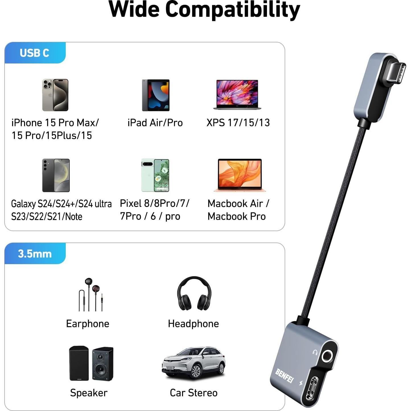 Adaptador USB C a Jack 3.5mm BENFEI con Carga Rápida 60W