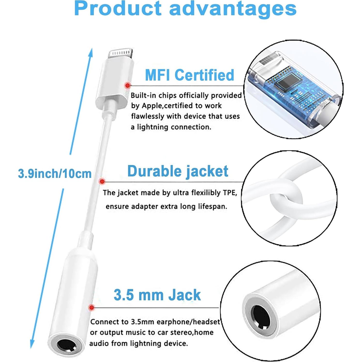 2Pack Lightning to 3.5mm iPhone Headphone Adapter Aux Audio Dongle with Aux Cord Headphone Jack Adapter Compatible with iPhone 14 13 12 11 X XS 8 7, Apple MFi Certified