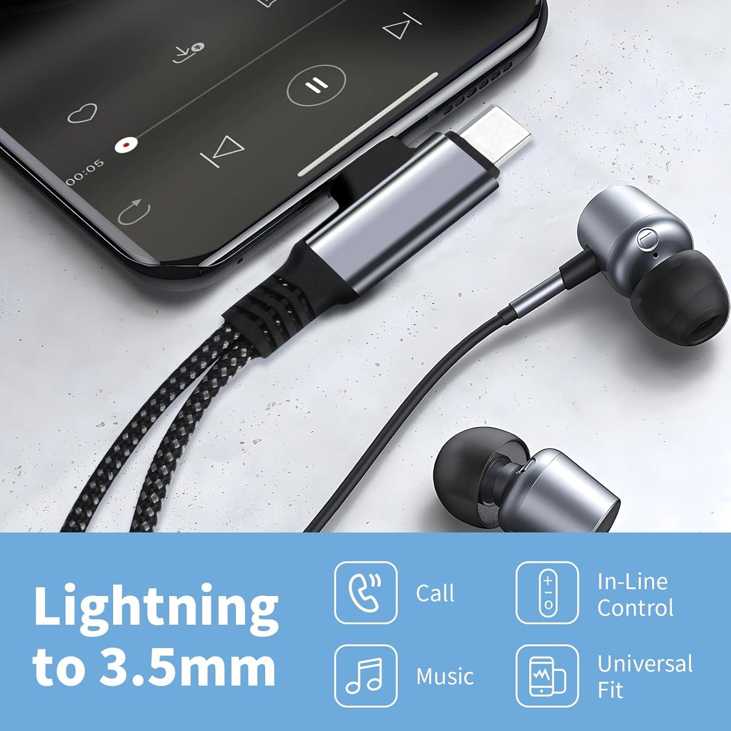 2 in 2 Lightning and USB C to 3.5mm Headphone and Fast Charger Adapter, USB C to 3.5mm Jack, Lightning to 3.5mm Jack, Compatible with Lightning GalaxyS22, iPad Pro, Pixel, iPhone 14 13 12 11 X, etc.