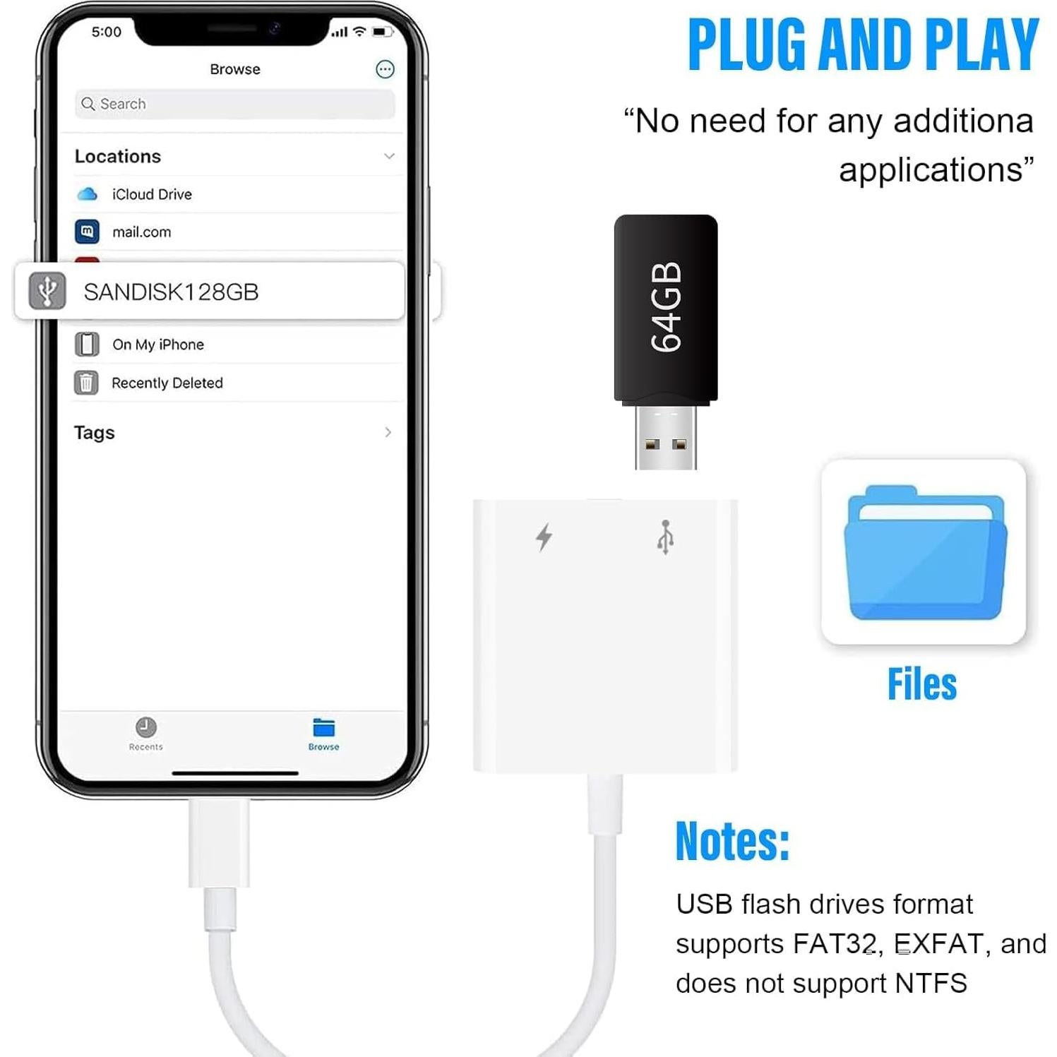 Adaptador USB a Lightning Obcxin para iPhone y iPad con Carga