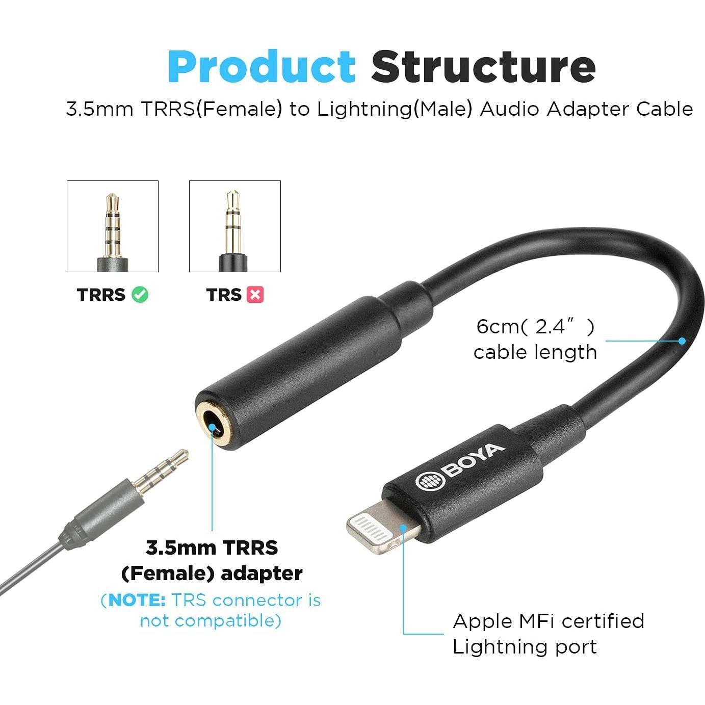 Adaptador BOYA BY-K3 TRRS a Lightning para iPhone y iPad