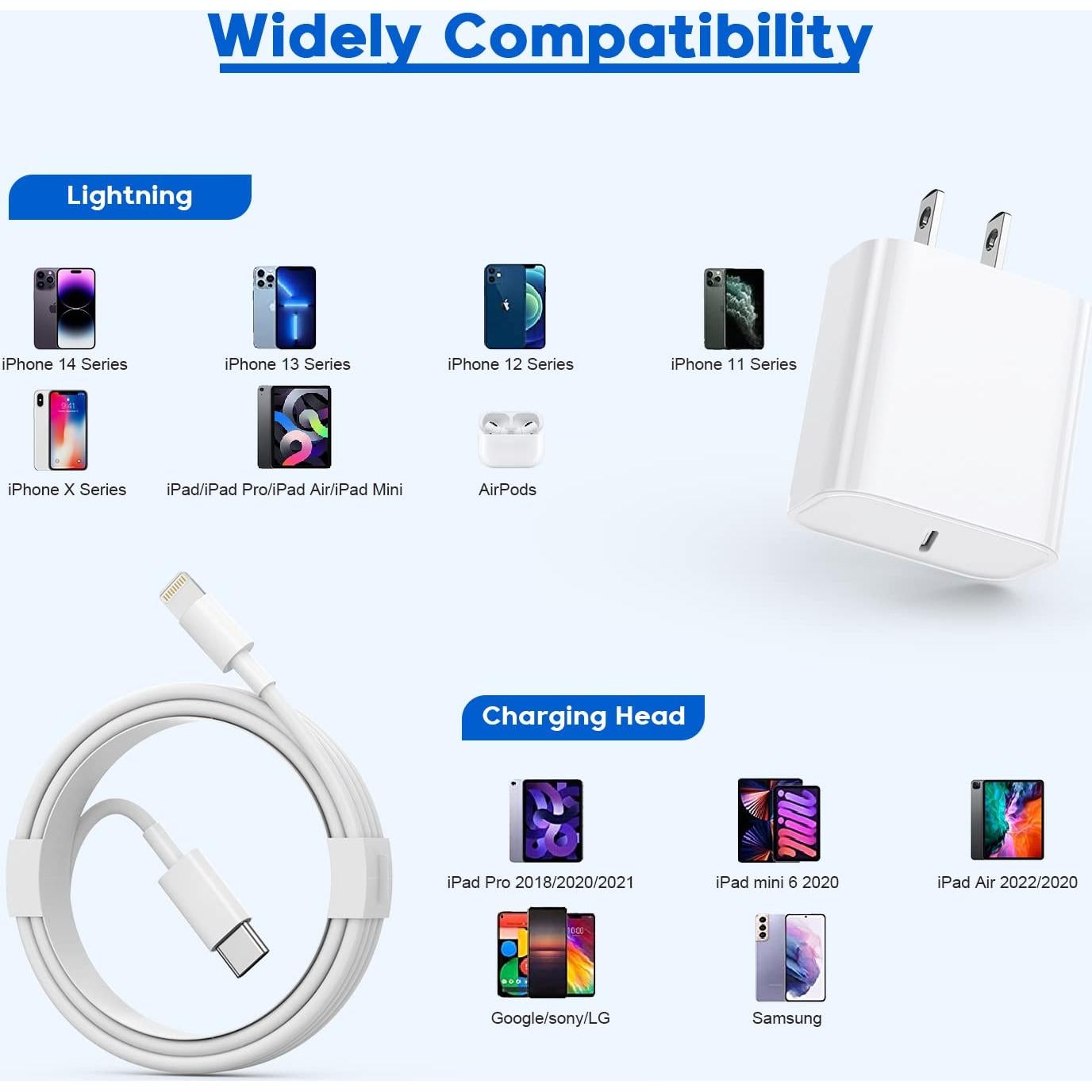 Cargador Rápido USB C para iPhone 2Pack 6FT 20W Blanco