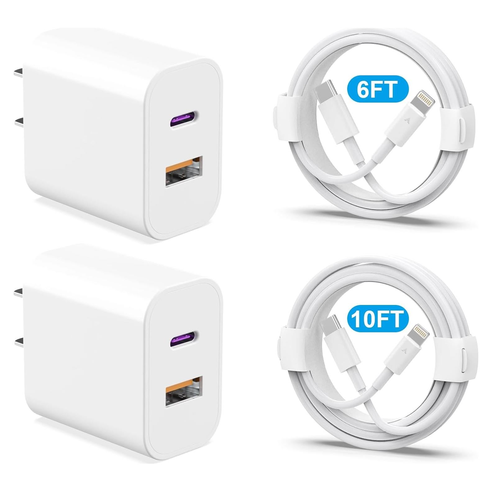 Cargador Rápido 20W Doble Puerto YYDBS + Cables MFi 6FT 10FT