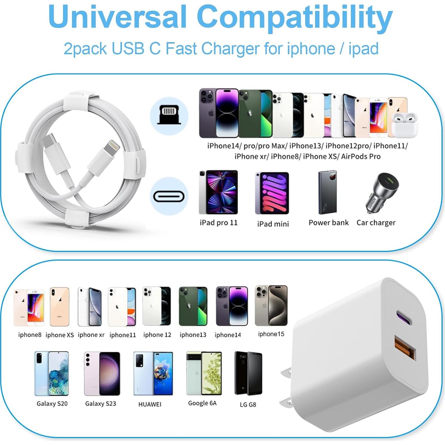 Cargador Rápido 20W Doble Puerto YYDBS + Cables MFi 6FT 10FT