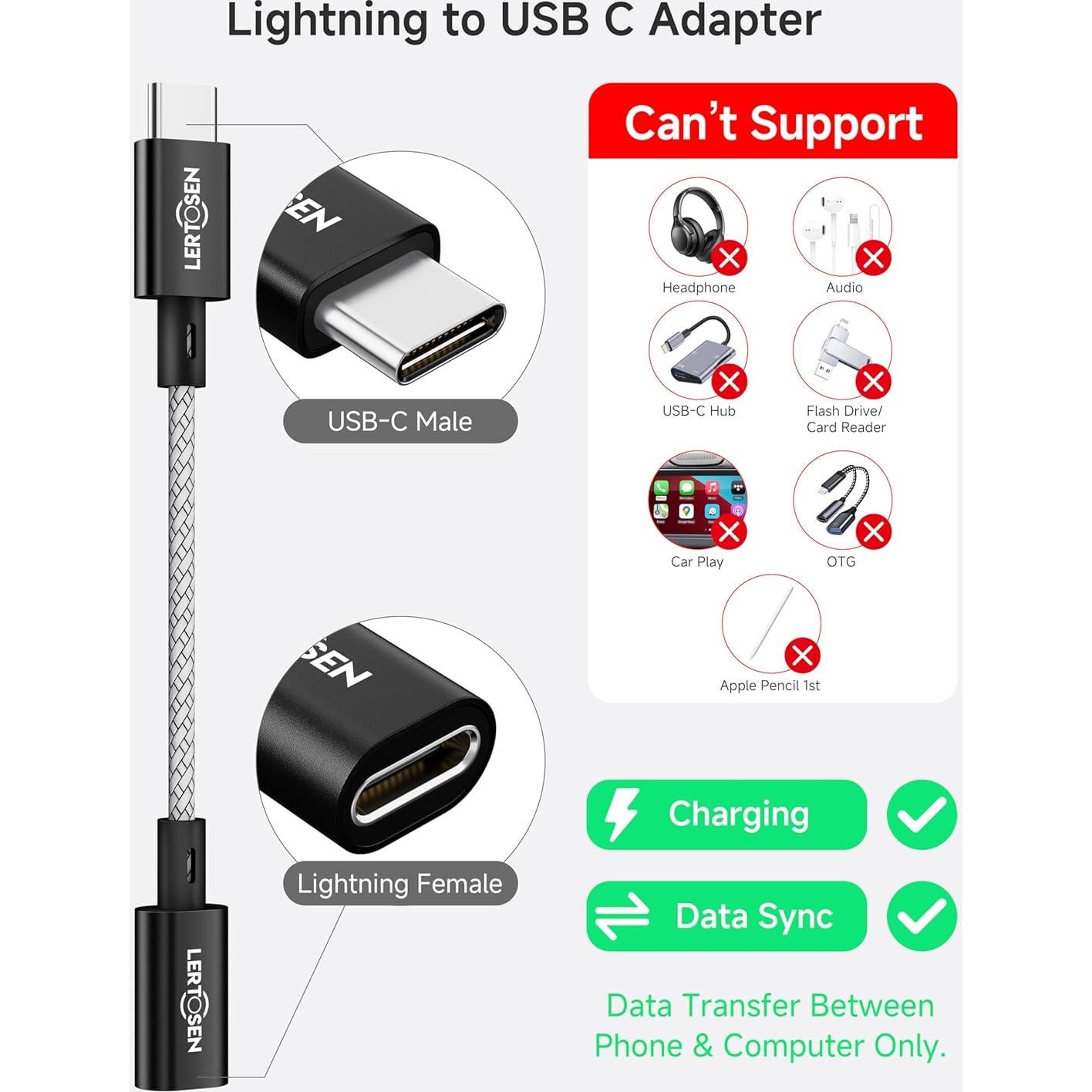 Adaptador Lightning a USB C LERTOSEN 2 Paquetes Carga Rápida