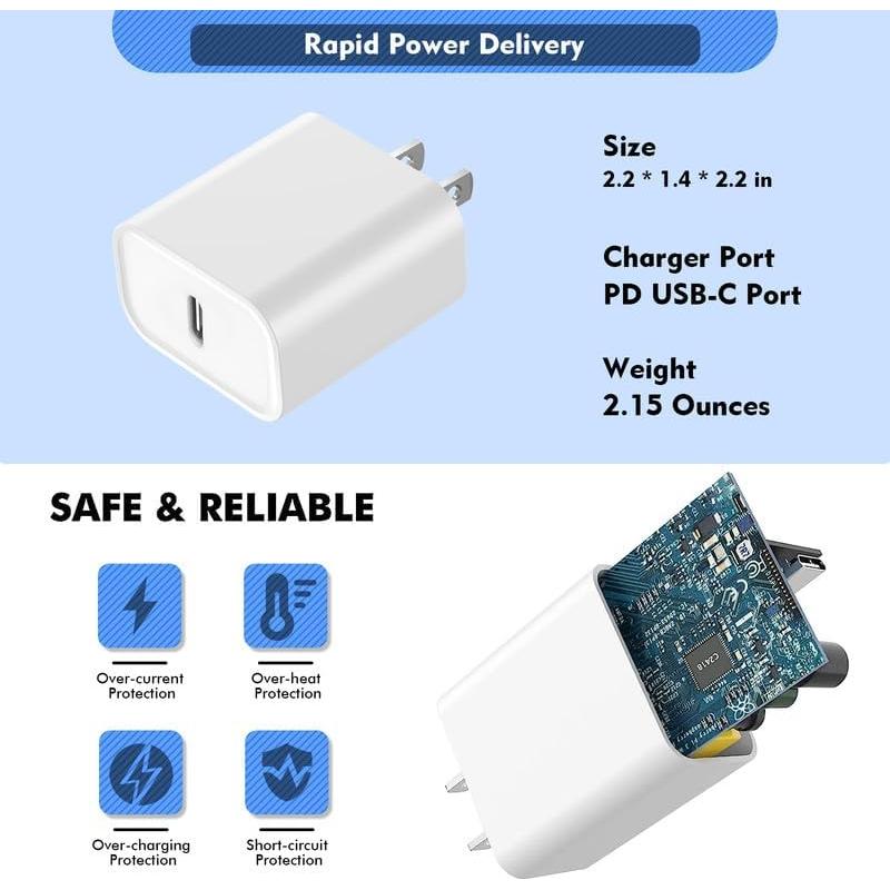 Cargador Rápido USB C 20W + 2 Cables Lightning 10FT MFi