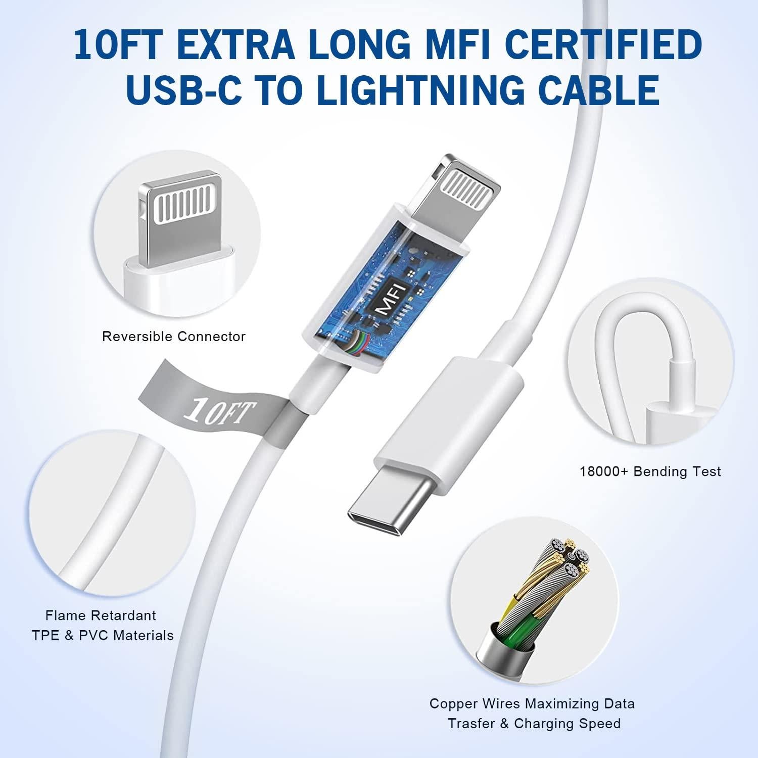 Cargador Rápido USB C 20W + 2 Cables Lightning 10FT MFi