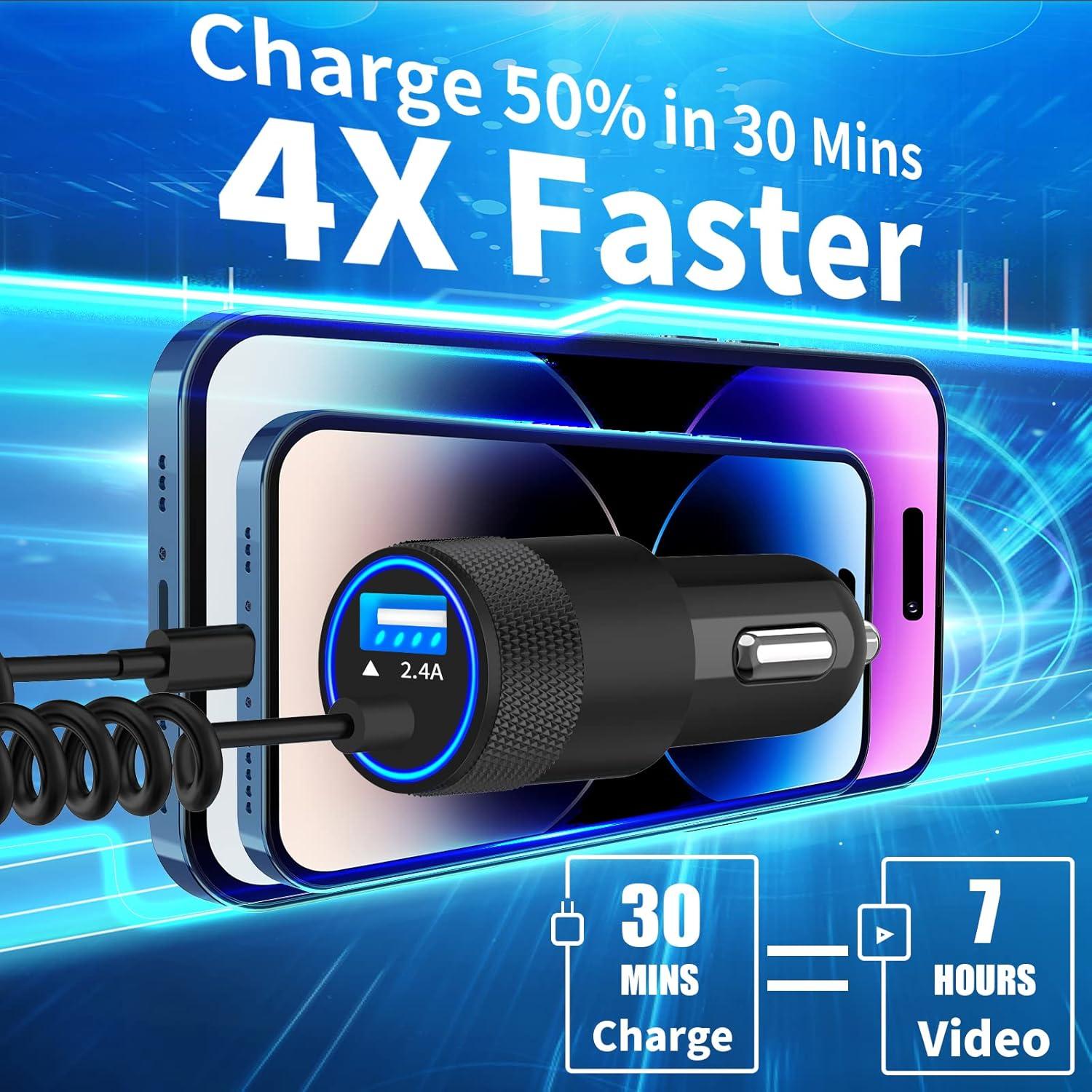 Cargador de coche Caiinei 4.8A USB con cable Lightning 6FT