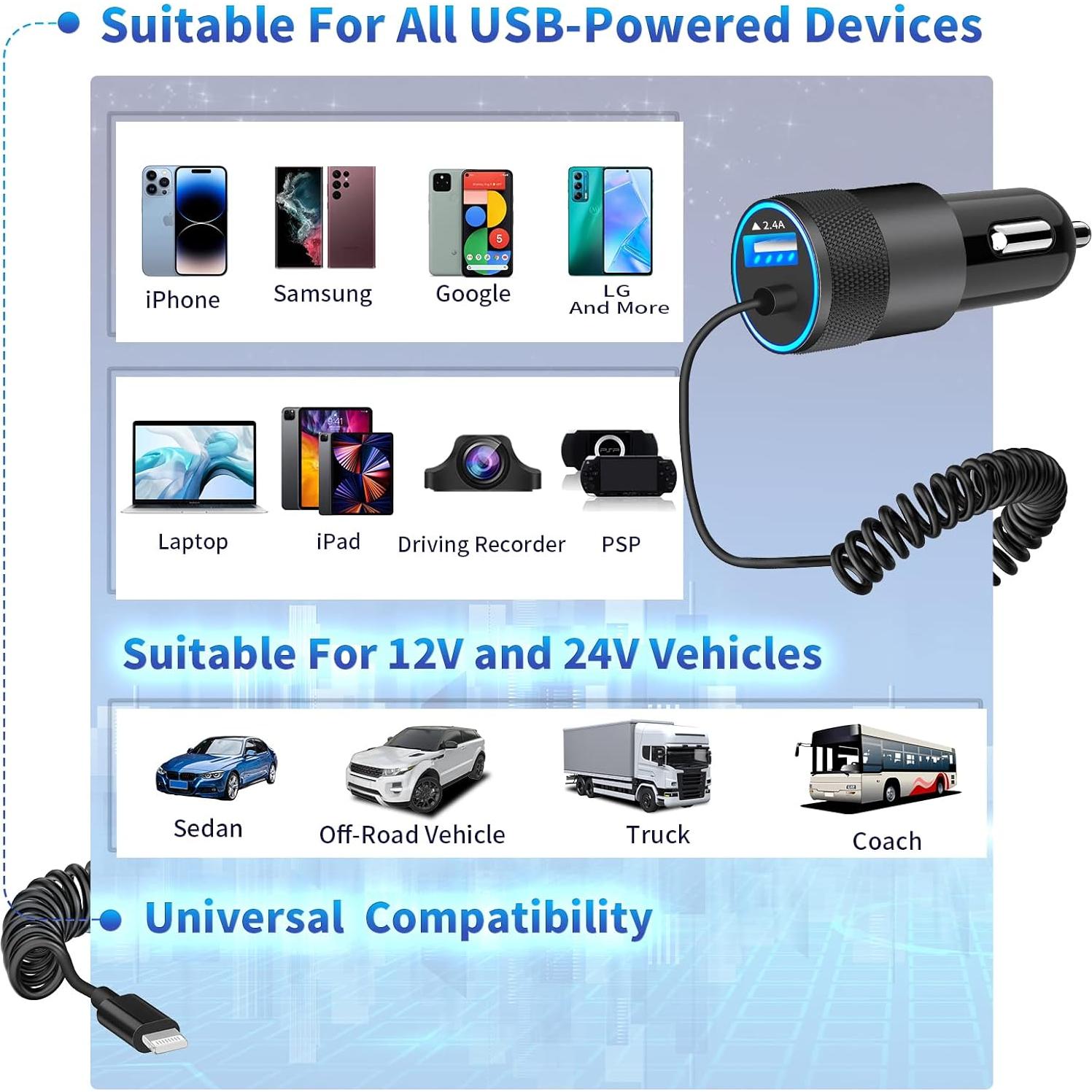 Cargador de coche Caiinei 4.8A USB con cable Lightning 6FT