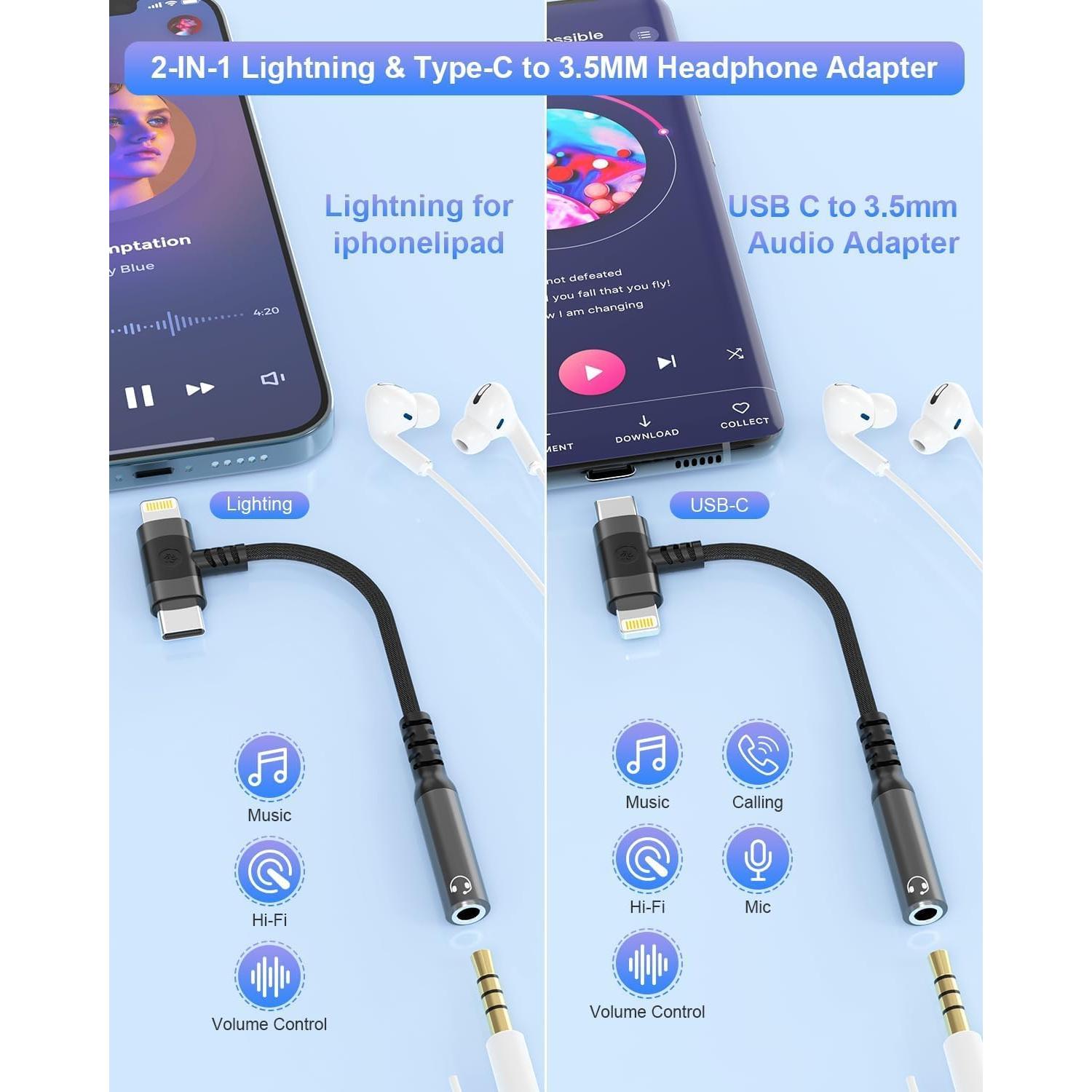 Adaptador de Auriculares 3.5mm Lightning y USB-C MFi Negro