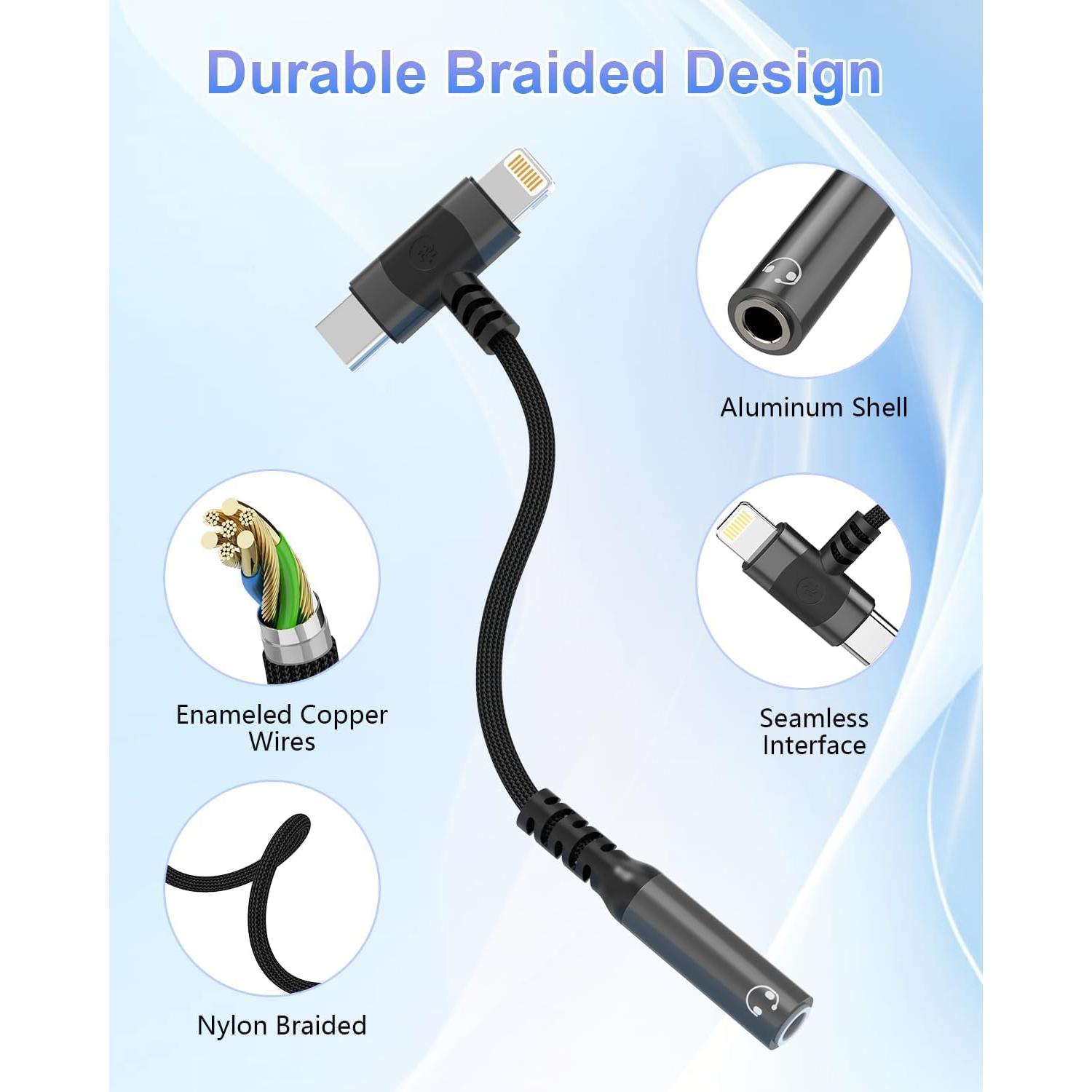 Adaptador de Auriculares 3.5mm Lightning y USB-C MFi Negro