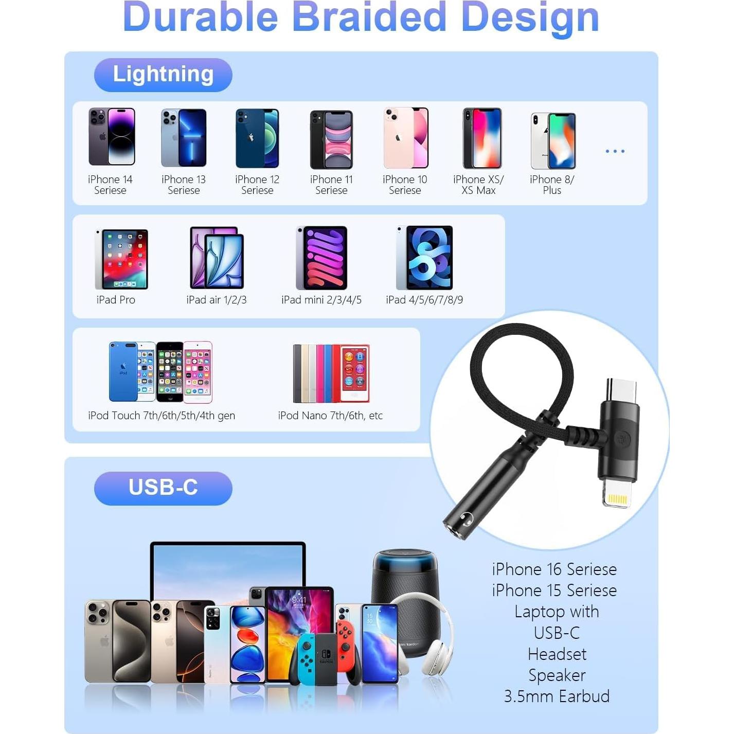 Adaptador de Auriculares 3.5mm Lightning y USB-C MFi Negro