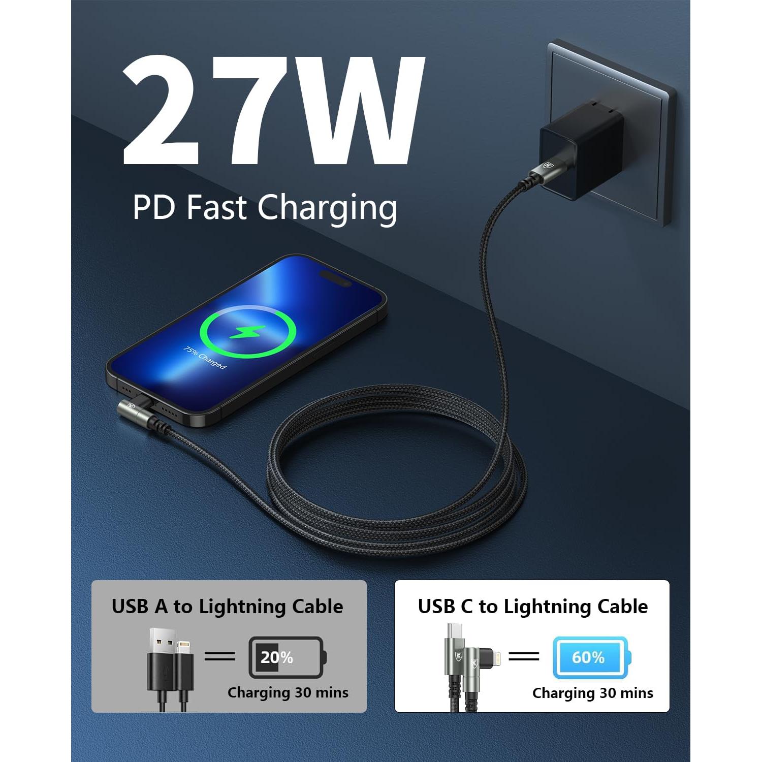 Cable USB C a Lightning 10 pies 90 grados MFi - Paquete de 3