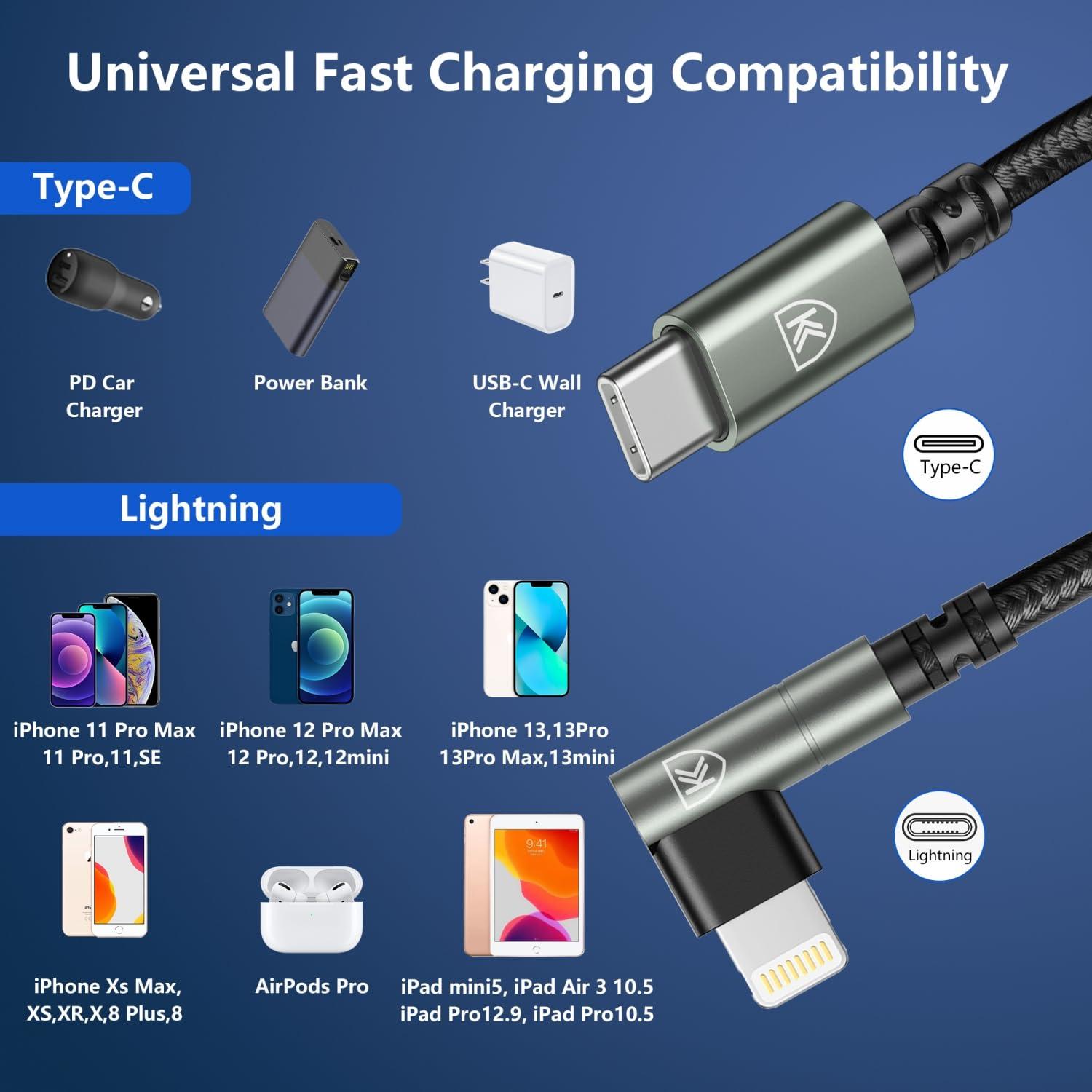 Cable USB C a Lightning 10 pies 90 grados MFi - Paquete de 3