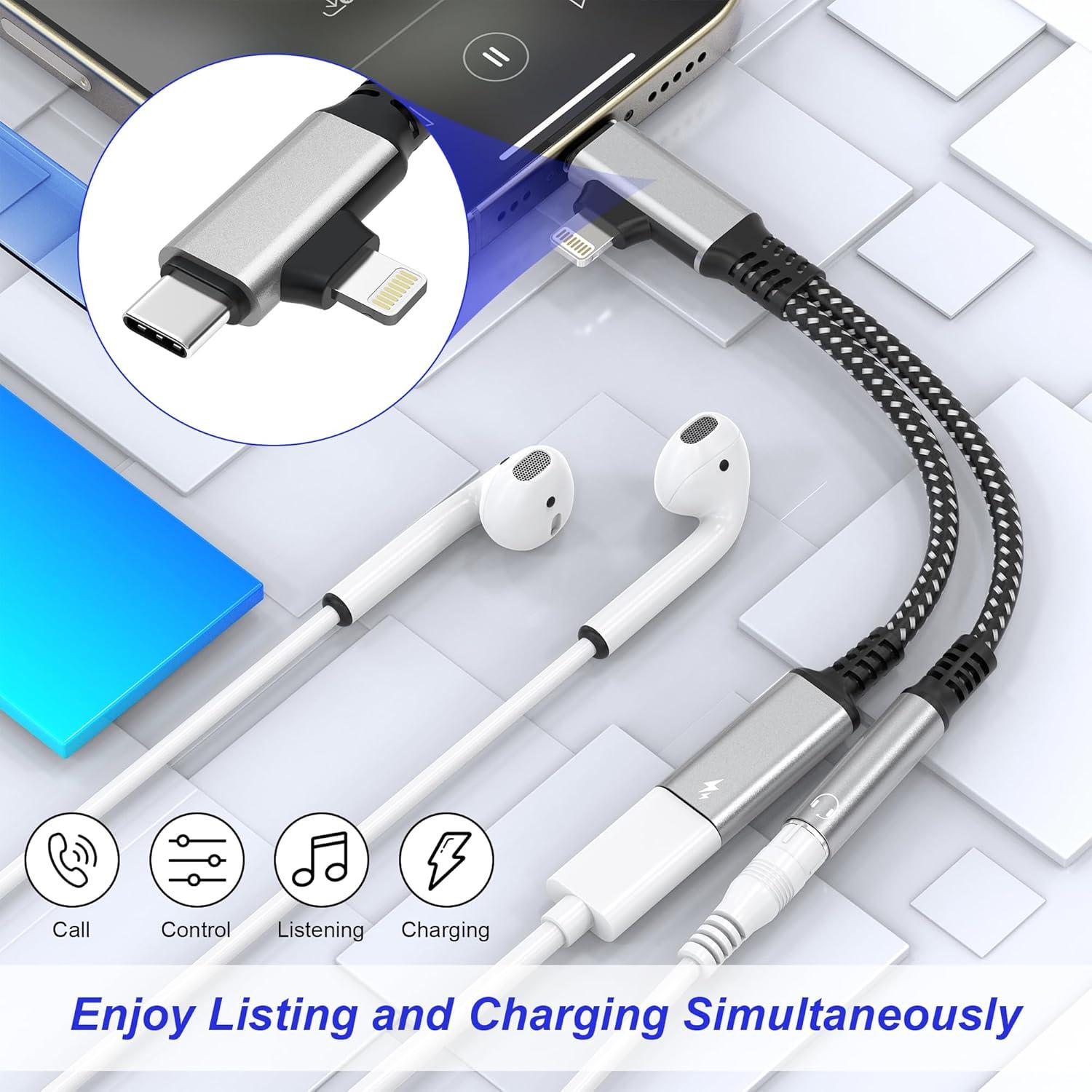 Adaptador Lightning y USB-C a 3.5mm Ardaddyn con carga 60W