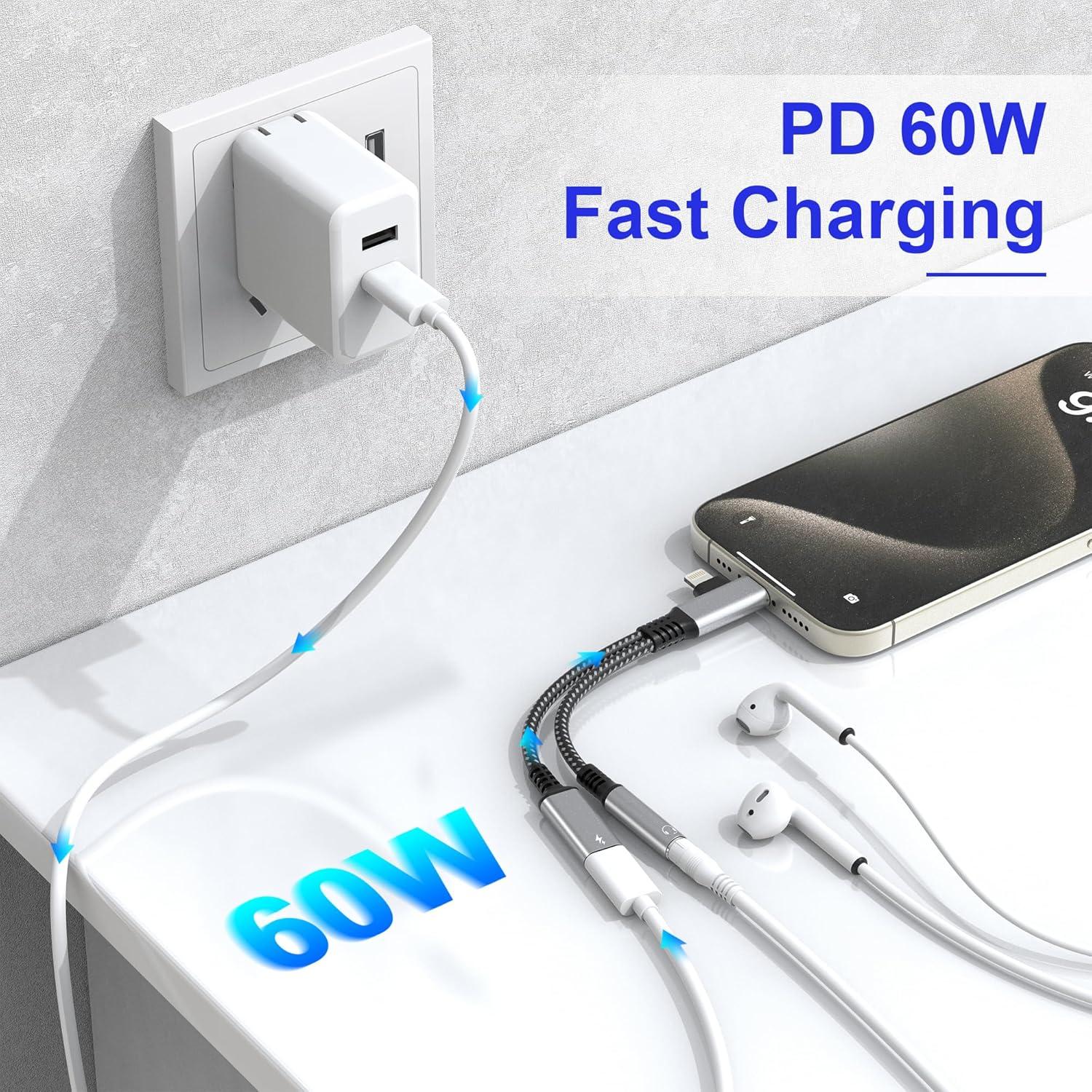 Adaptador Lightning y USB-C a 3.5mm Ardaddyn con carga 60W