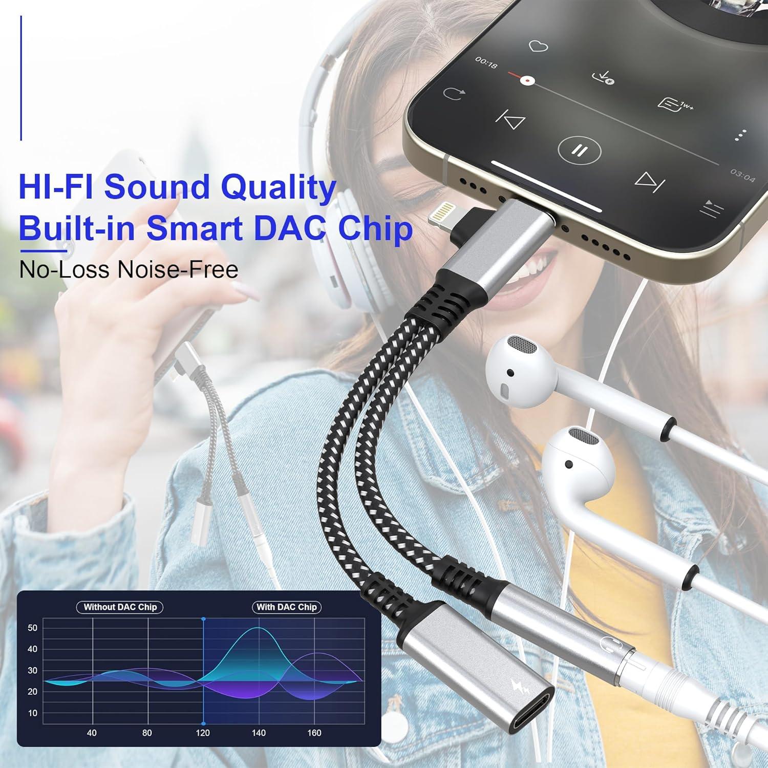 Adaptador Lightning y USB-C a 3.5mm Ardaddyn con carga 60W