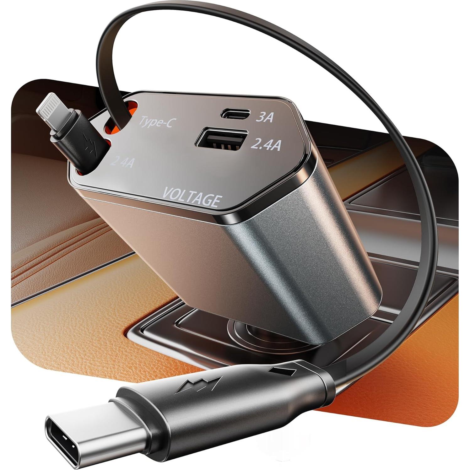 Cargador de Coche Retráctable GUSGU 100W 4 en 1 USB-C Lightning